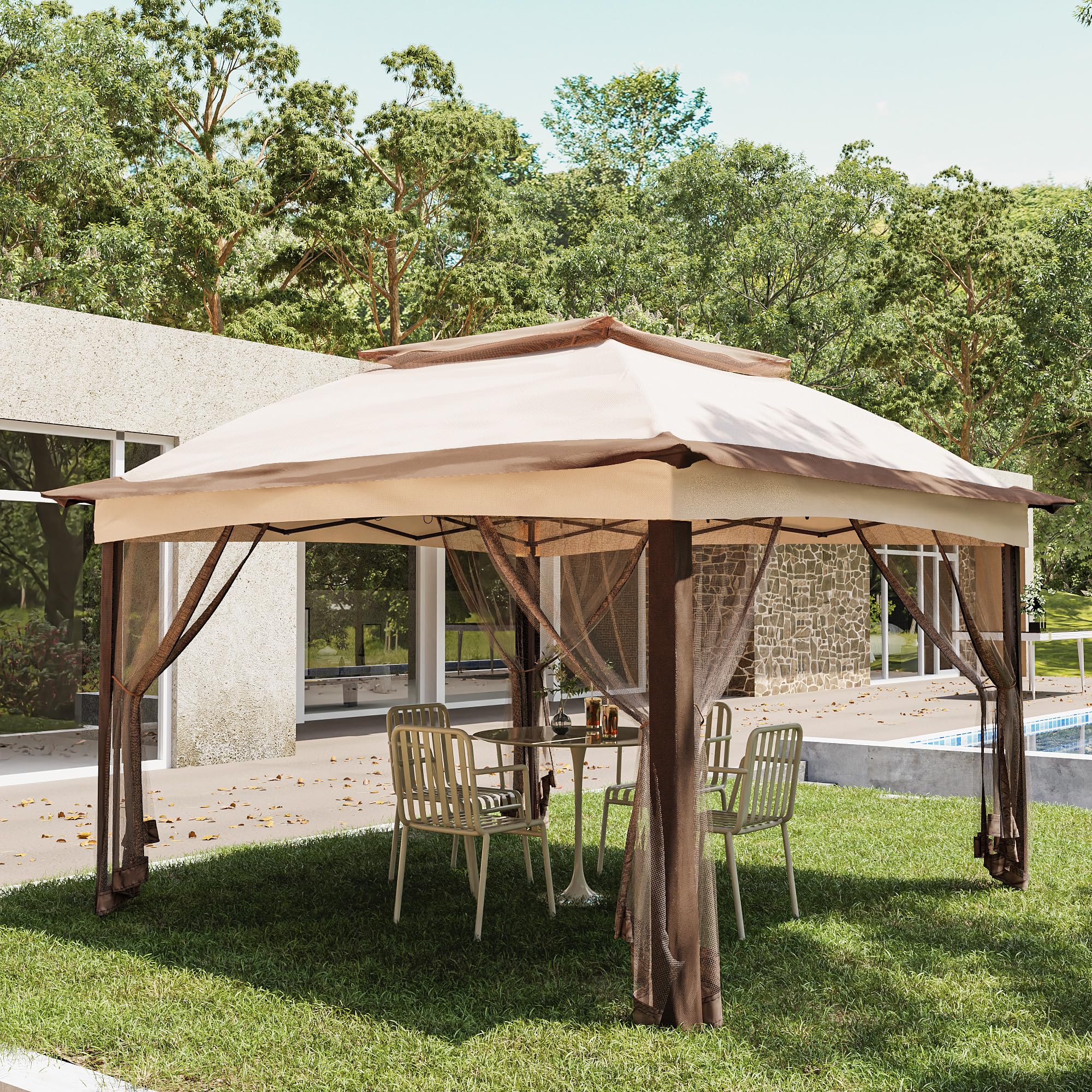 Joyside 11'x11' Pop Up Gazebo Canopy Tent with Mosquito Netting & Sidewalls - Waterproof Outdoor Shelter for Patio, Backyard, Camping, Picnics, and Weddings (Beige)