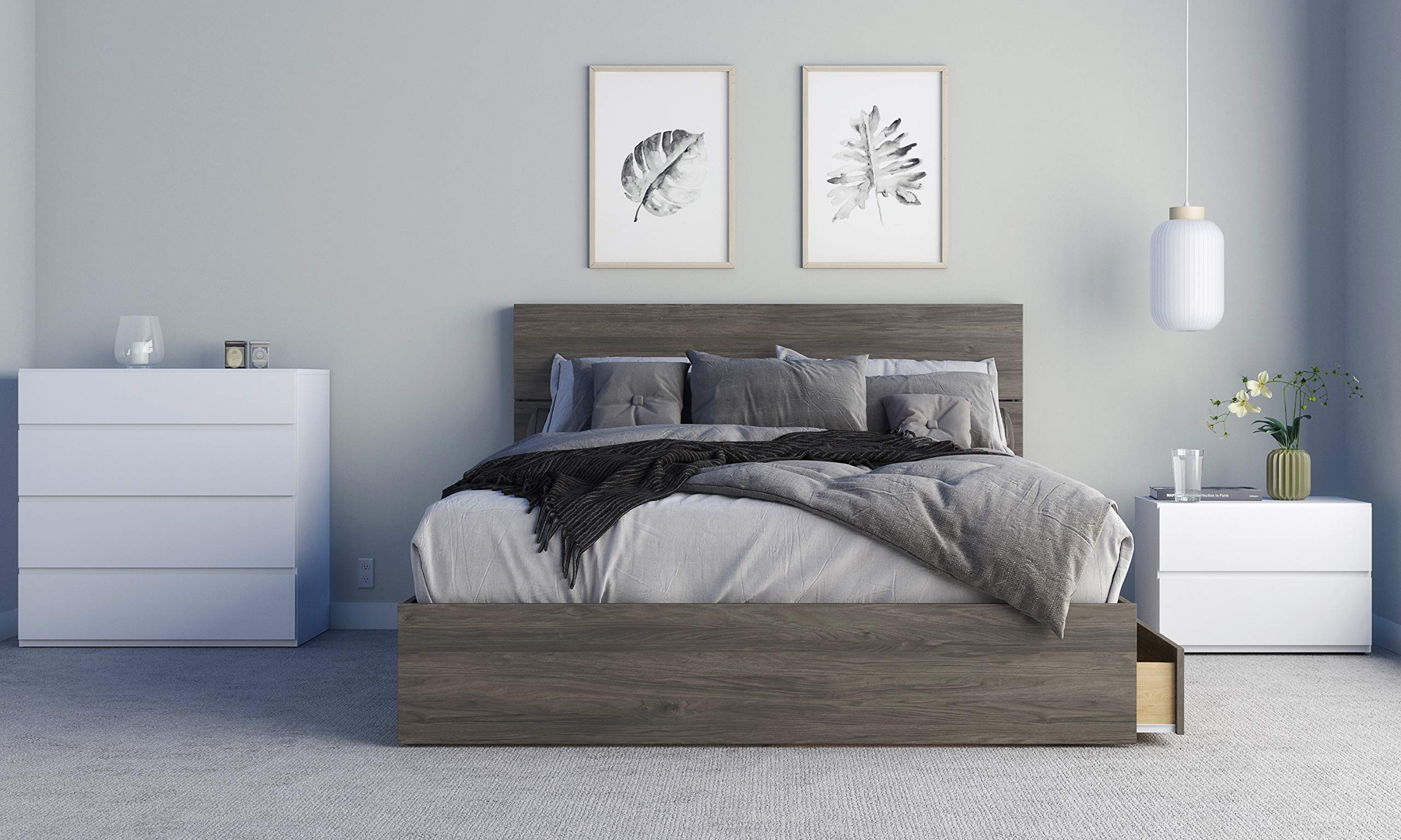 Nexera Flora 4-Piece Queen Size Bedroom Set in Bark Grey & White - Modern Bed Frame, Nightstand & Dresser for Cozy Master Bedroom Decor