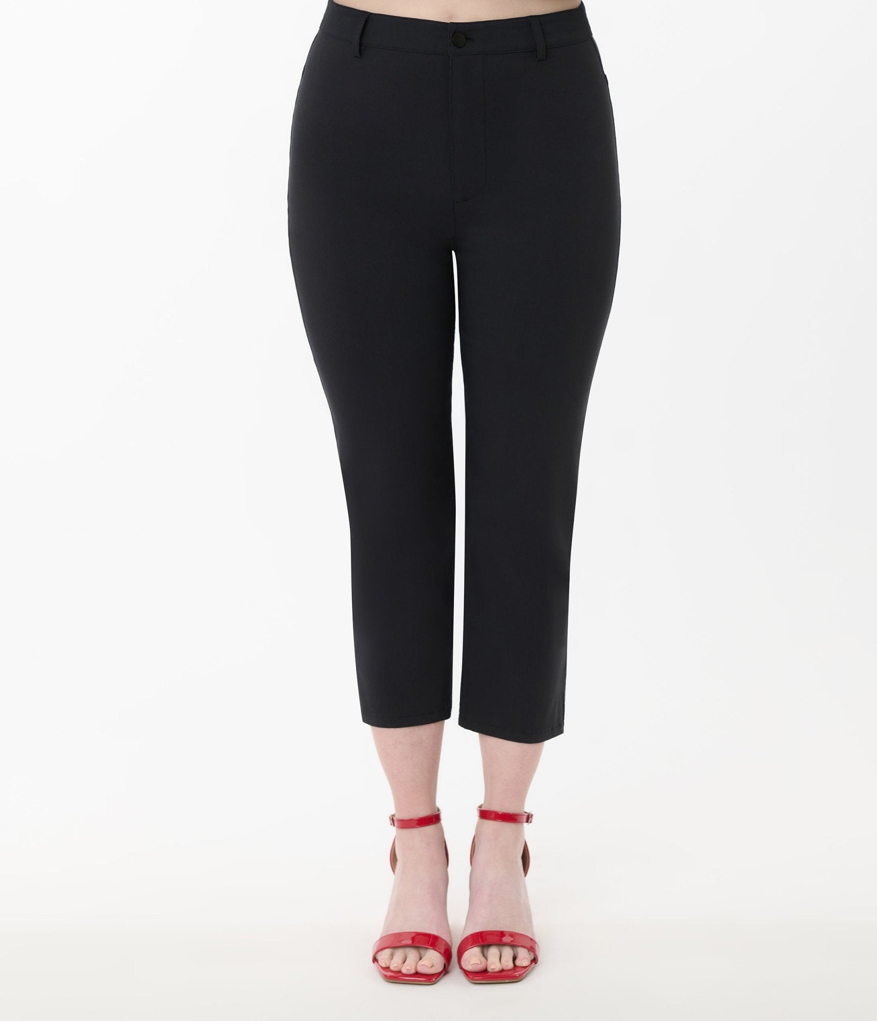 Unique Vintage Black & Rainbow Rachelle Capri Pants - Retro High Waisted Women's Casual Pants for Summer Outfits & Festival Fashion
