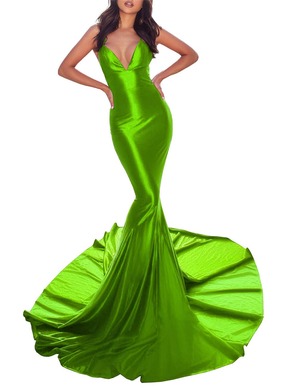 Elegant Lime Green Mermaid Evening Gown with Sweep Train & V-Neck – Perfect for Formal Parties, Prom, and Special Occasions