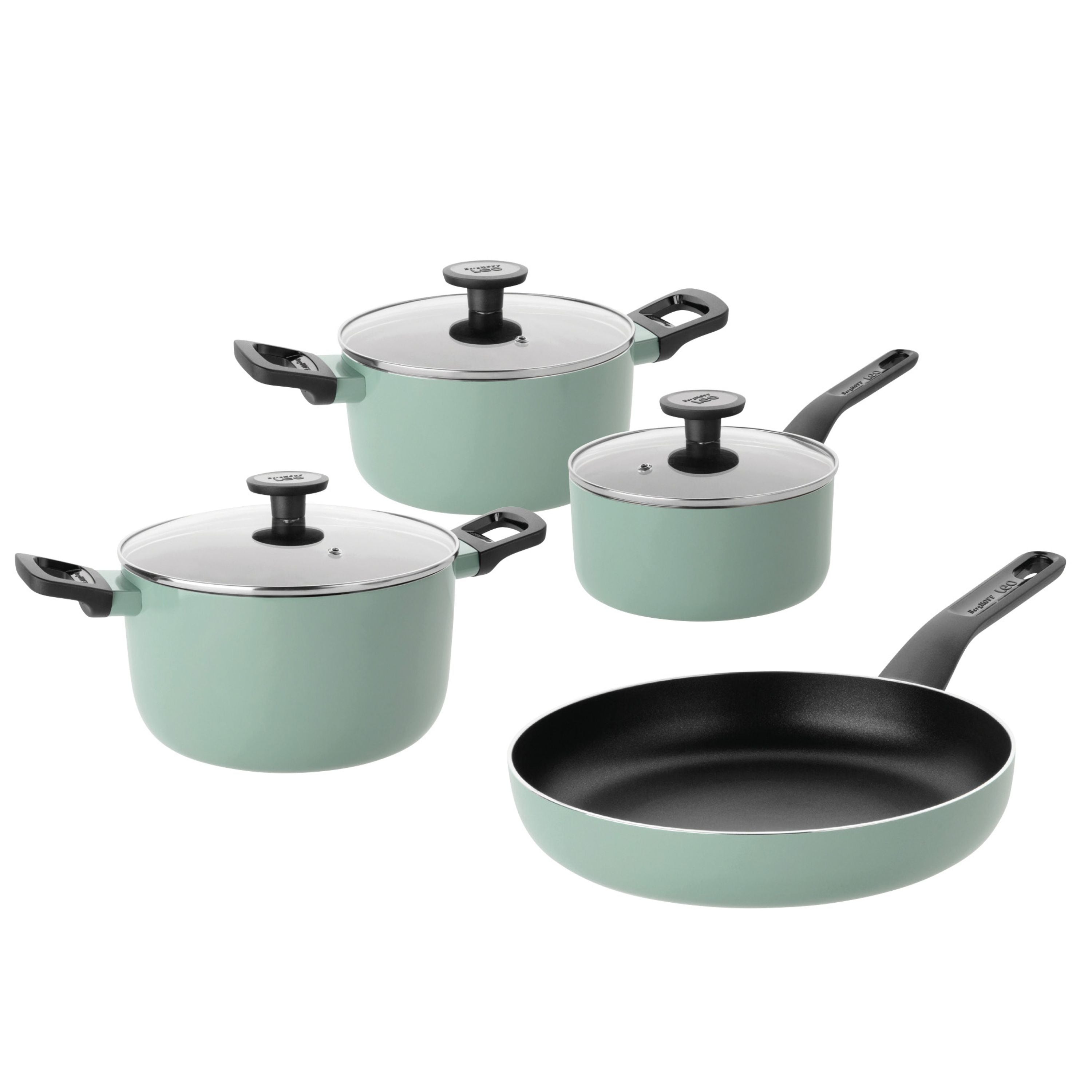 BergHOFF Sage Non-Stick Aluminum 7-Piece Cookware Set with Glass Lids - Perfect for Everyday Cooking, Family Meals & Healthy Home Kitchen