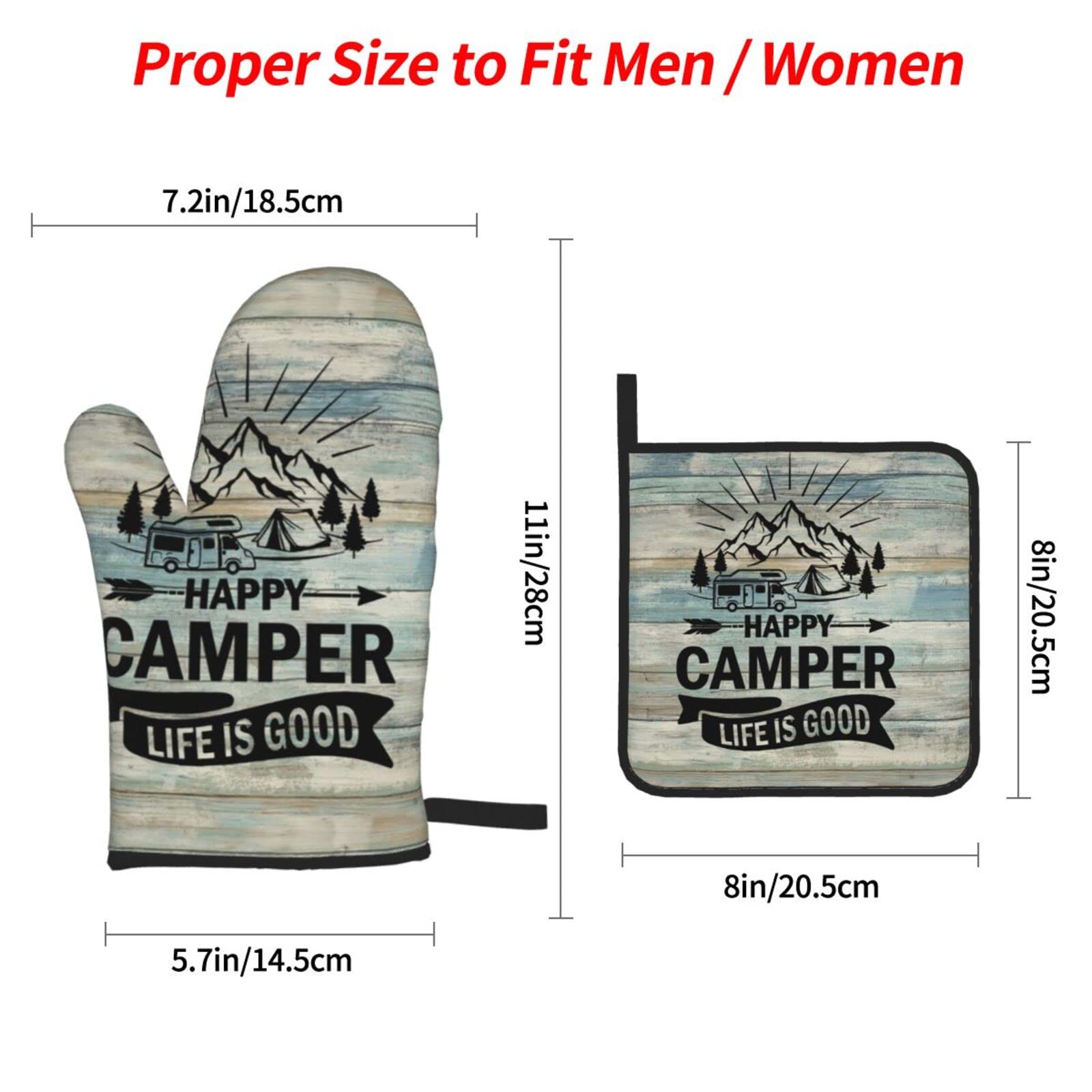 Happy Camper Oven Mitts and Pot Holders Set of 4 - Heat Resistant Kitchen Gloves with Non-Slip Grip for Baking, Cooking, Grilling & BBQ - Perfect for Home Kitchen, Outdoor Camping & Picnic Use