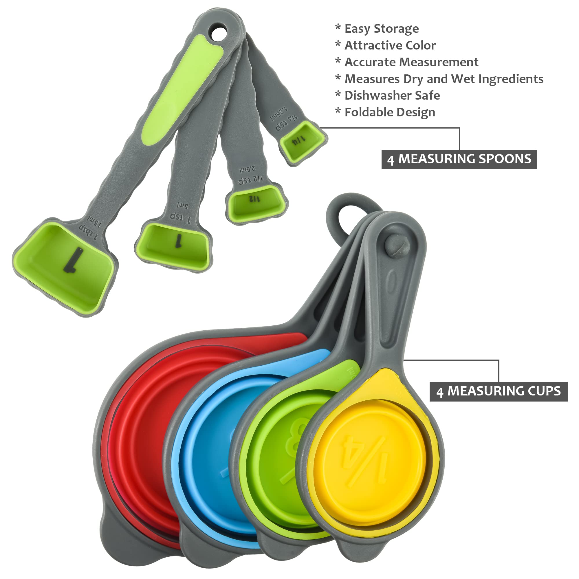 8-Piece Collapsible Measuring Cups and Spoons Set - Food Grade Silicone for Liquid & Dry Ingredients - Space-Saving Kitchen Tools (Yellow/Rainbow) - Perfect for Baking, Cooking & Meal Prep
