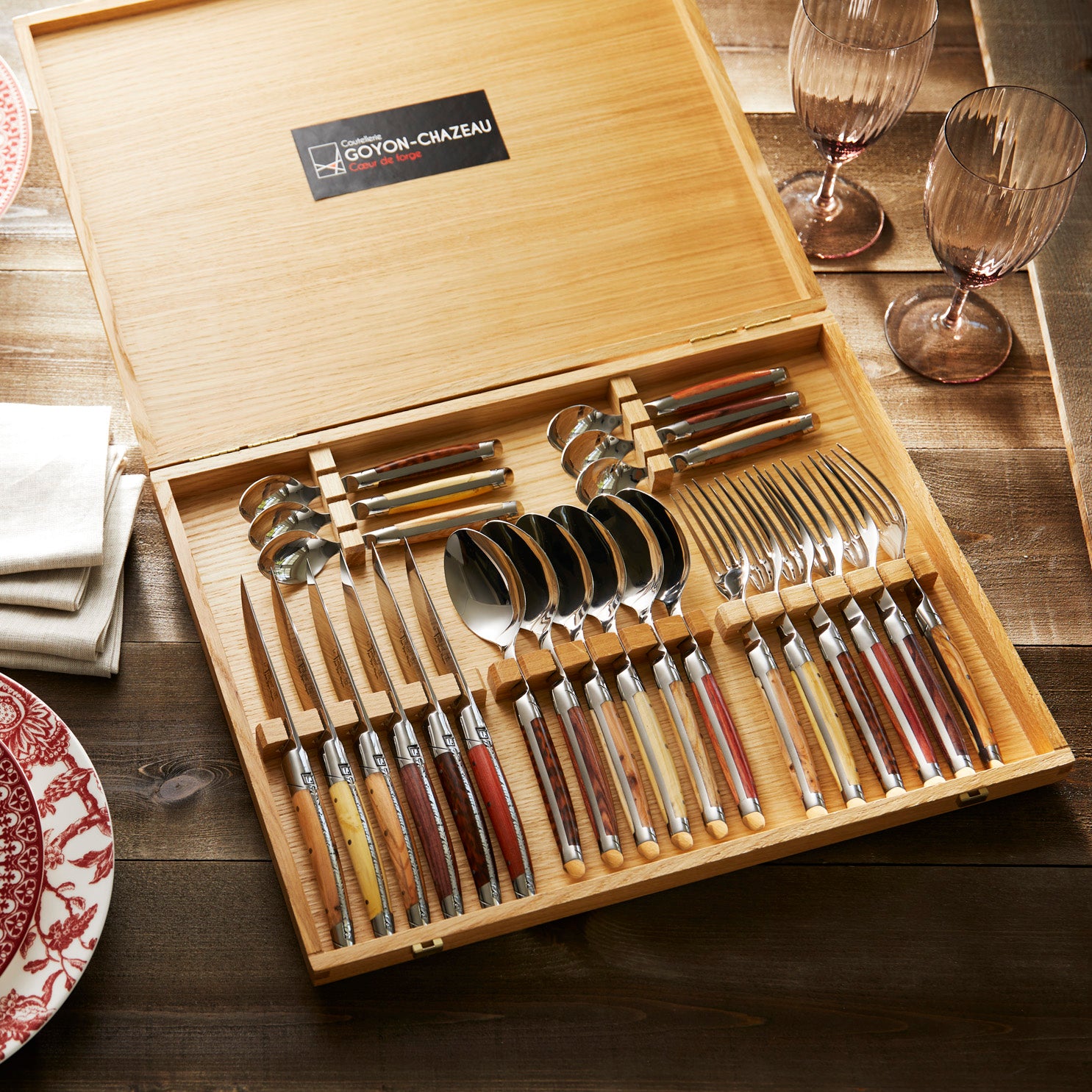 Premium Goyon Chazeau 24-Piece Mixed Wood Flatware Set - Elegant Silverware Gift Box for Dinner Parties, Weddings & Formal Dining
