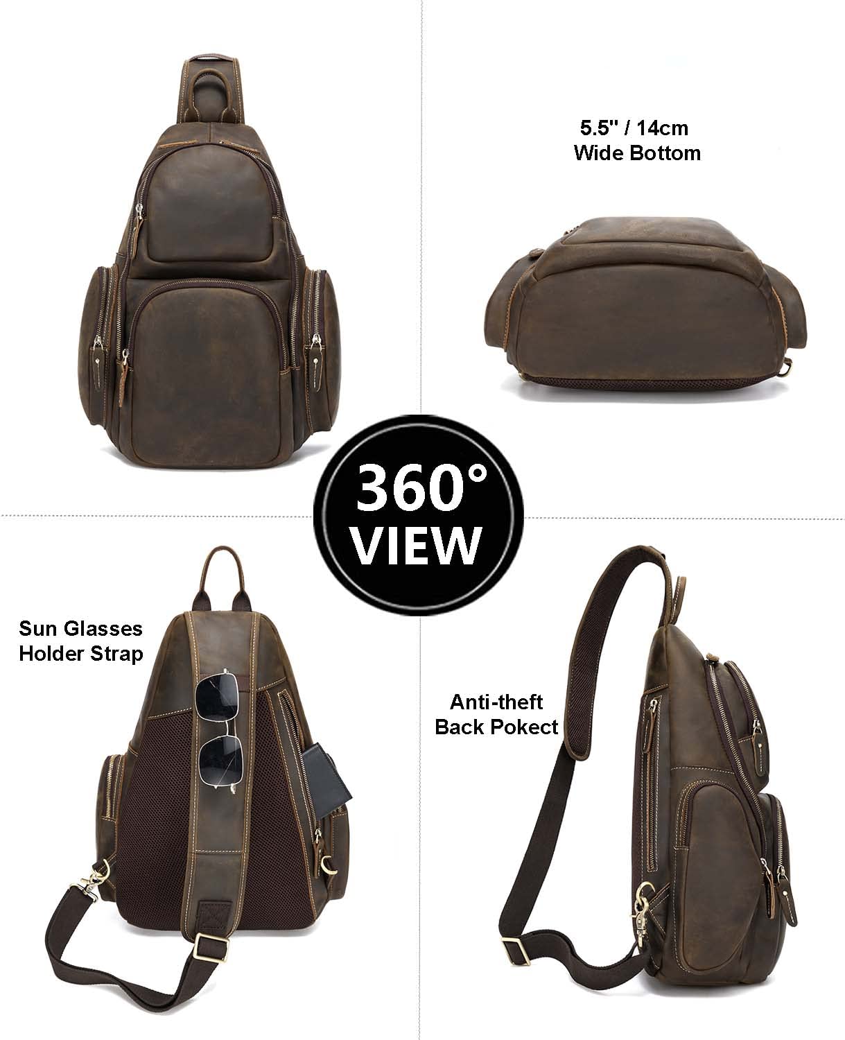 Premium Full Grain Genuine Leather Crossbody Sling Bag - Fits 14 Inch Laptop, 17L Capacity Travel Backpack for Men & Women - Brown - Perfect for Work Commute, Weekend Getaways & Daily Essentials