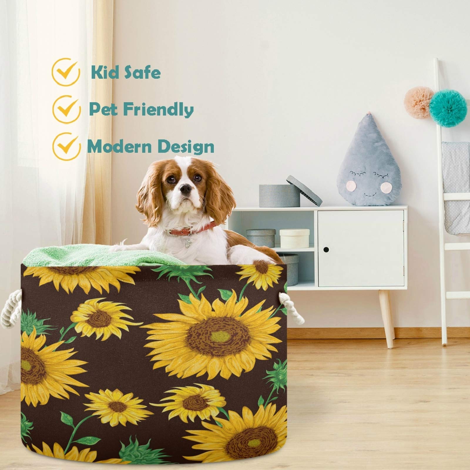 Visesunny Classic Sunflower Canvas Storage Basket - Waterproof Toy Organizer Bin, Nursery Hamper & Laundry Basket for Kids Room, Playroom, Shelves | Perfect for Toy Storage, Gift Wrapping & Home Organization