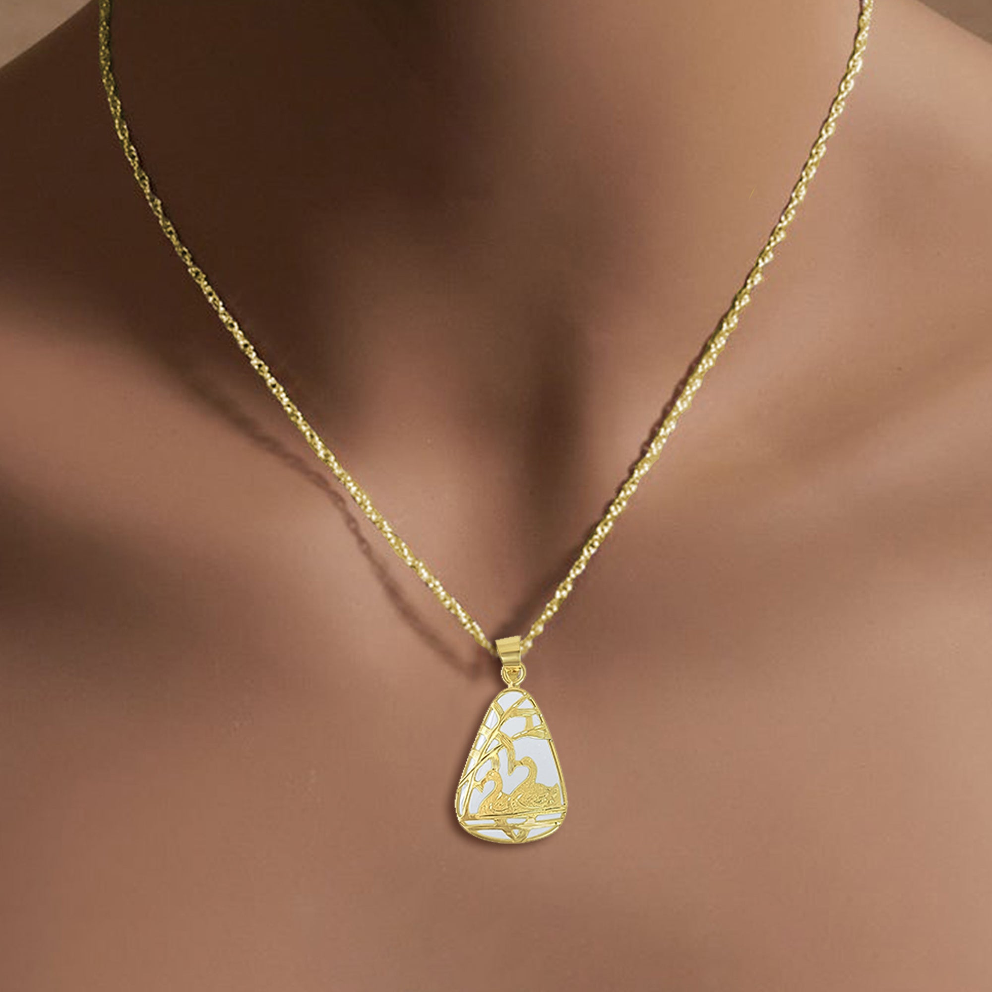 14K Yellow Gold Triangular Jade Necklace with Swan Design - Elegant Jewelry for Women, Perfect for Weddings, Parties & Gifts