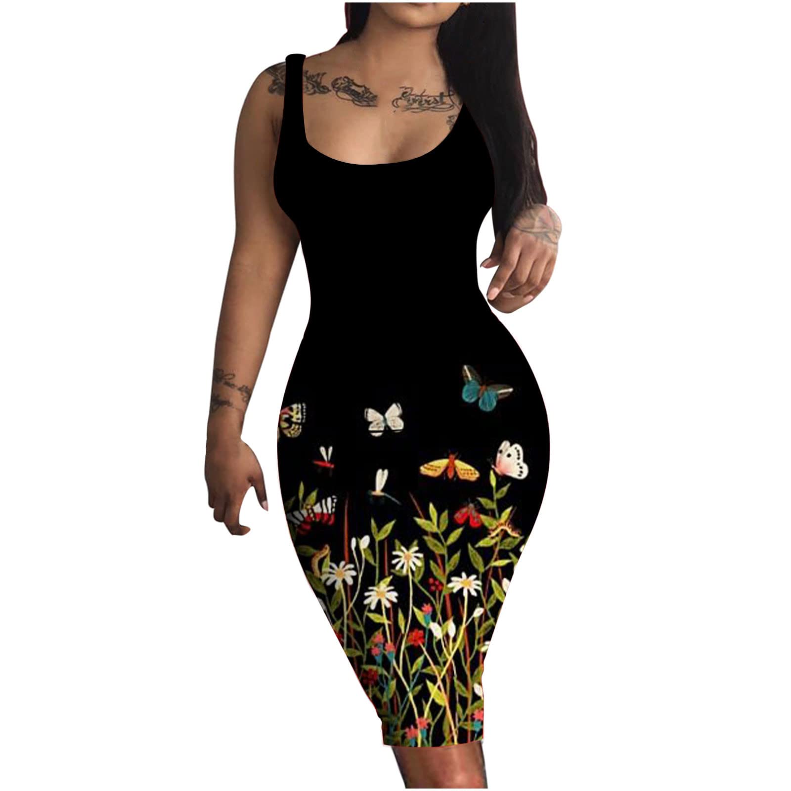 Maqroz Women's Summer Dresses - Sexy Floral Print Round Neck Tank Dress Sleeveless Bodycon Midi Sun Dress for Club, Beach & Casual Wear | Lightweight & Comfortable