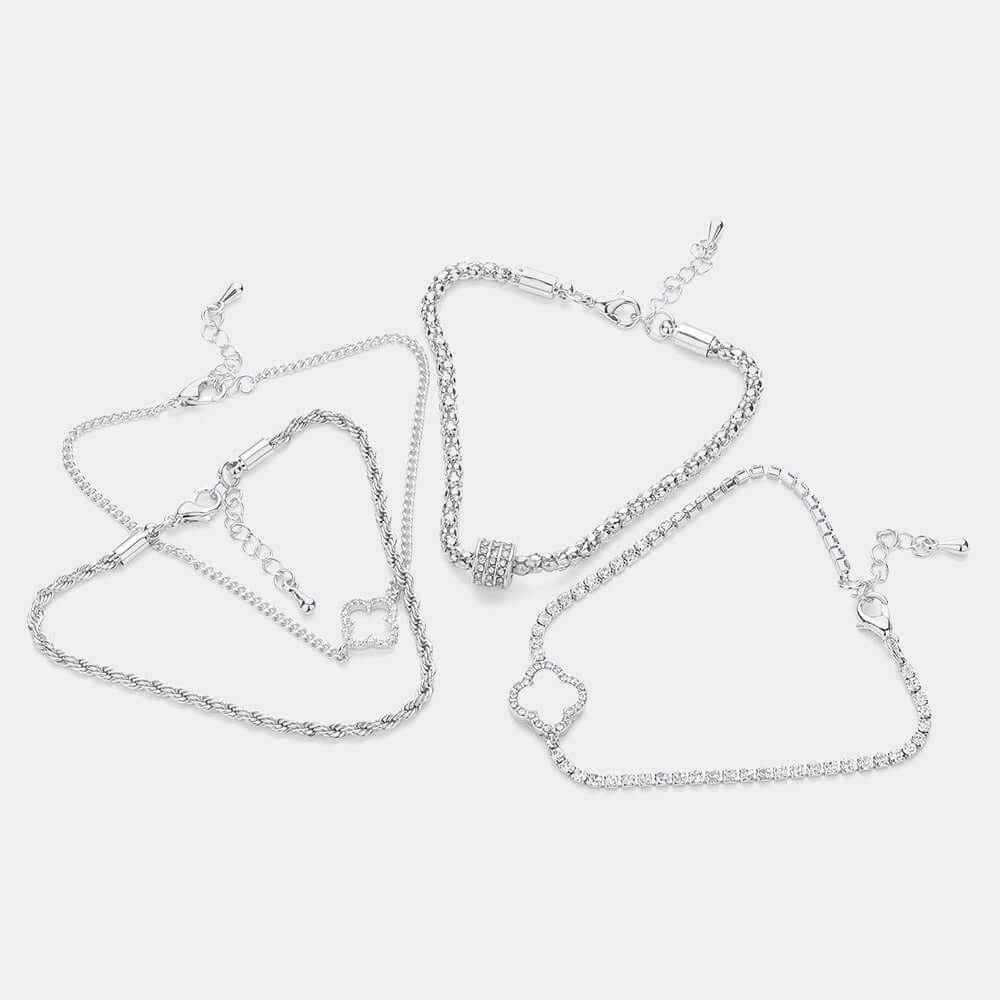 4PCS Mother of Pearl Quatrefoil Tennis Chain Bracelets - Twisted Metal Layered Bracelet Set for Women, Trendy Boho Jewelry Gift (Perfect for Parties, Weddings & Everyday Wear)