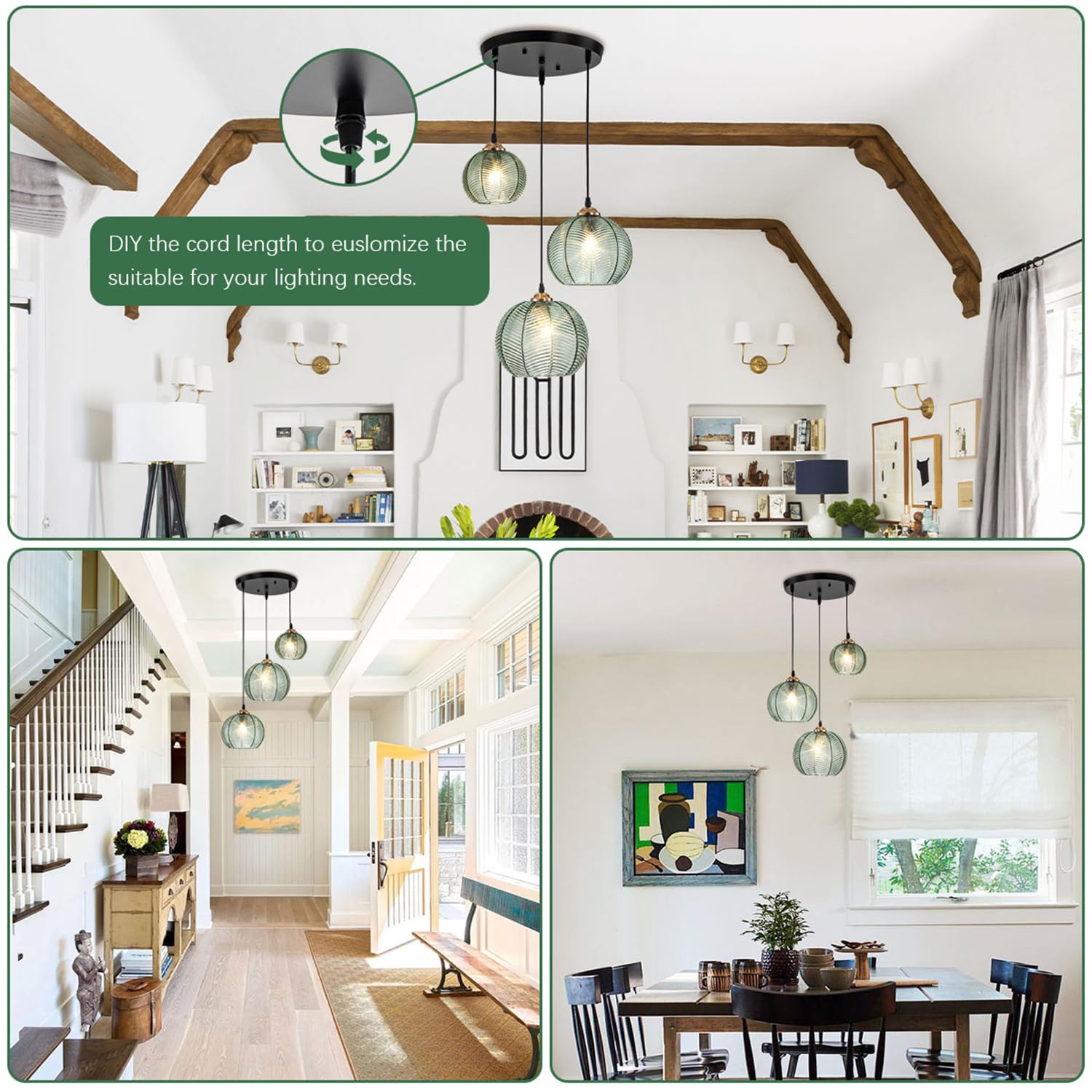 Modern 3-Light Pendant Lighting - Hand Blown Glass Shade Kitchen Island Hanging Light, Green Glass Chandelier for Dining Room, Bedroom & Living Room | Perfect for Home Decor, Kitchen Renovation & Interior Design