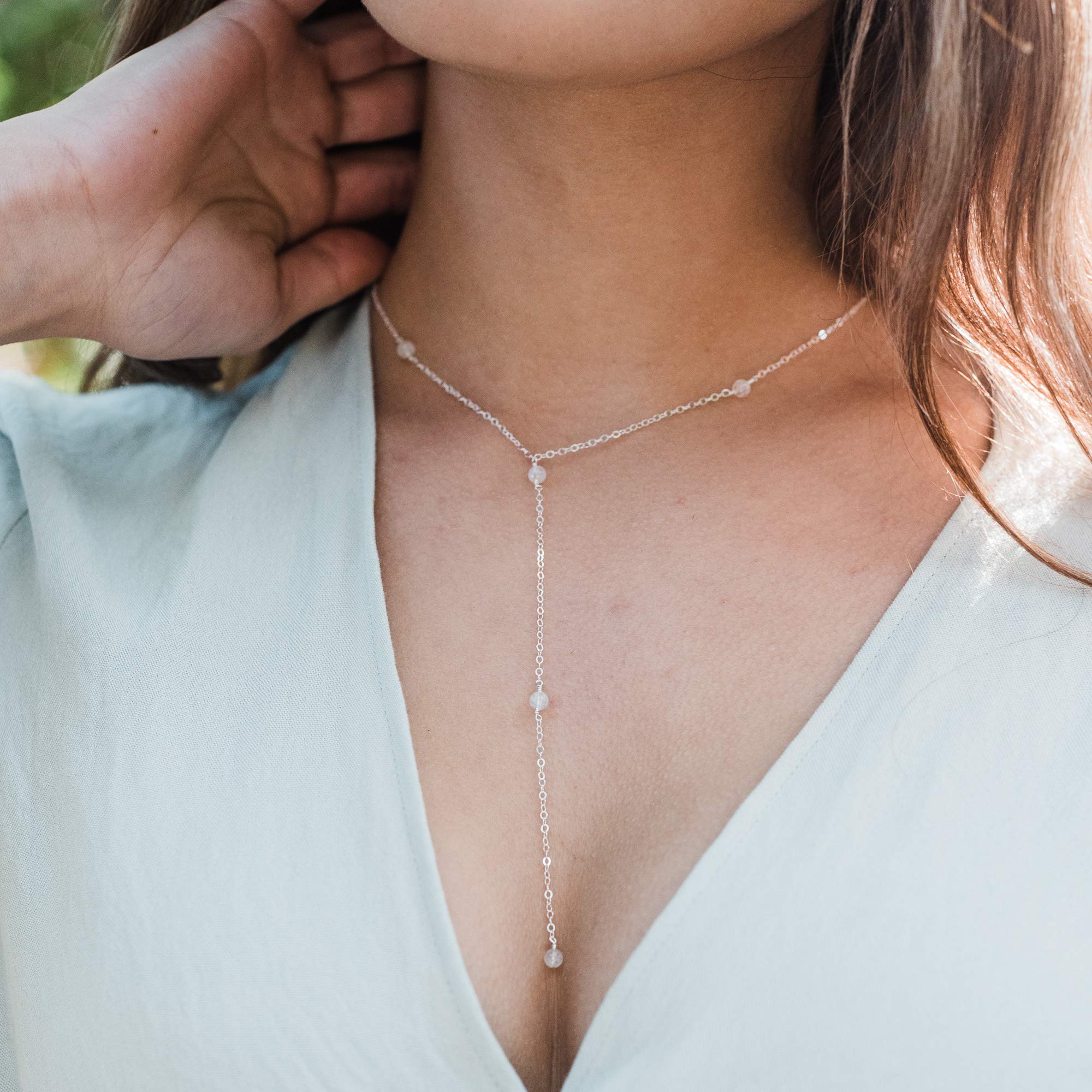 Luna Tide Rainbow Moonstone Dainty Y Necklace in Sterling Silver - Elegant Layering Jewelry for Women, Perfect for Everyday Wear & Special Occasions