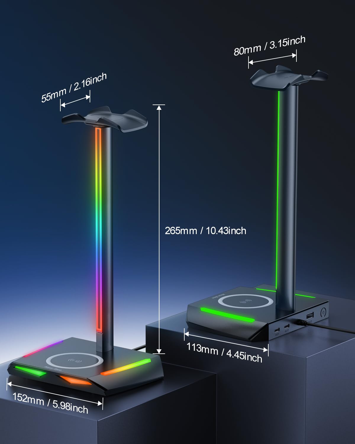 Premium RGB Gaming Headphone Stand with 2 USB-C & 1 USB Ports - 7 Color LED Light Modes, Non-Slip Rubber Base - Perfect for Gaming Setup, Home Office & Streaming Station Accessories