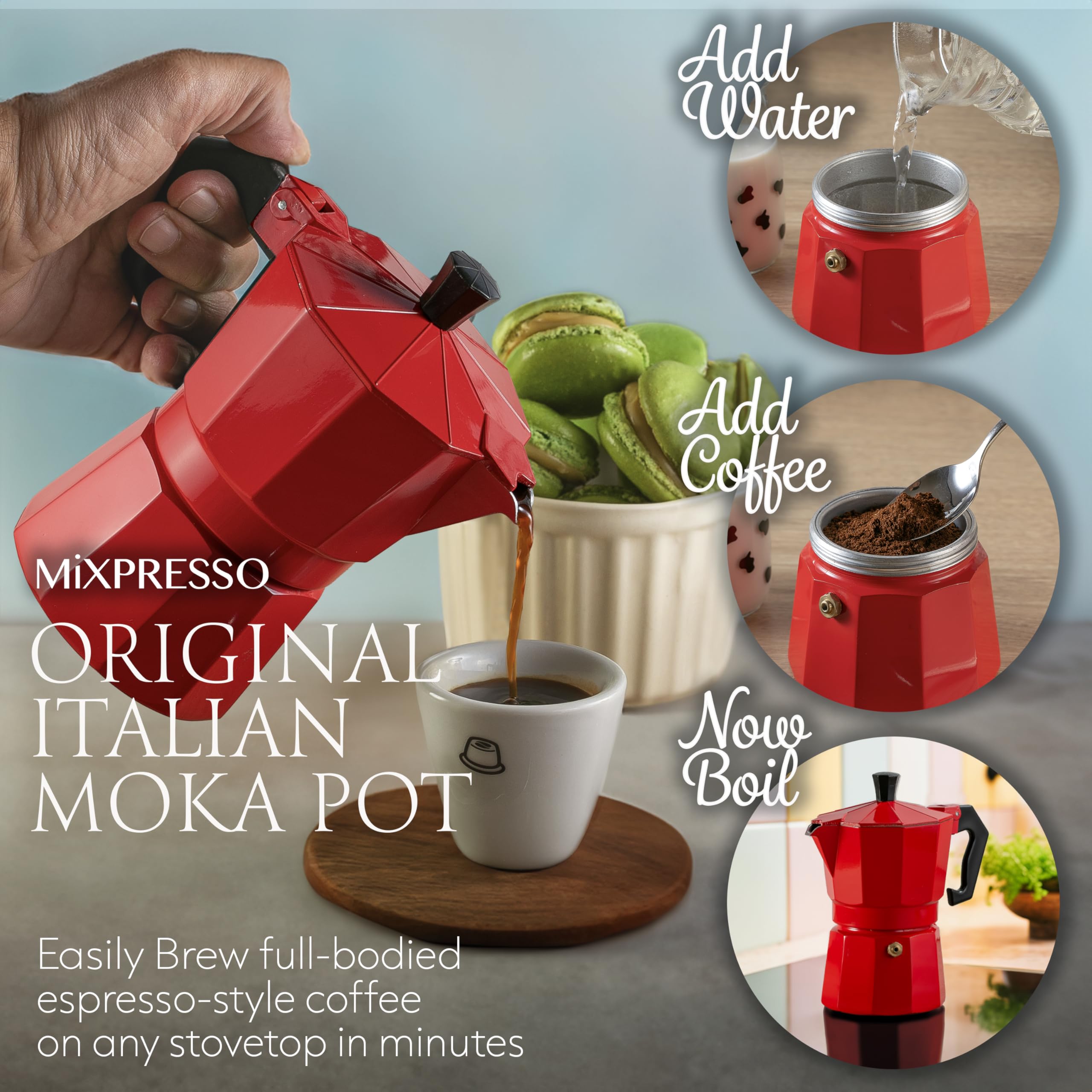 Mixpresso Aluminum Moka Stove Top Coffee Maker with 5oz Coffee Mug - Classic Italian Espresso Maker for Gas & Electric Stoves - 3 Cup Greca Moka Pot for Home, Office & Camping Use