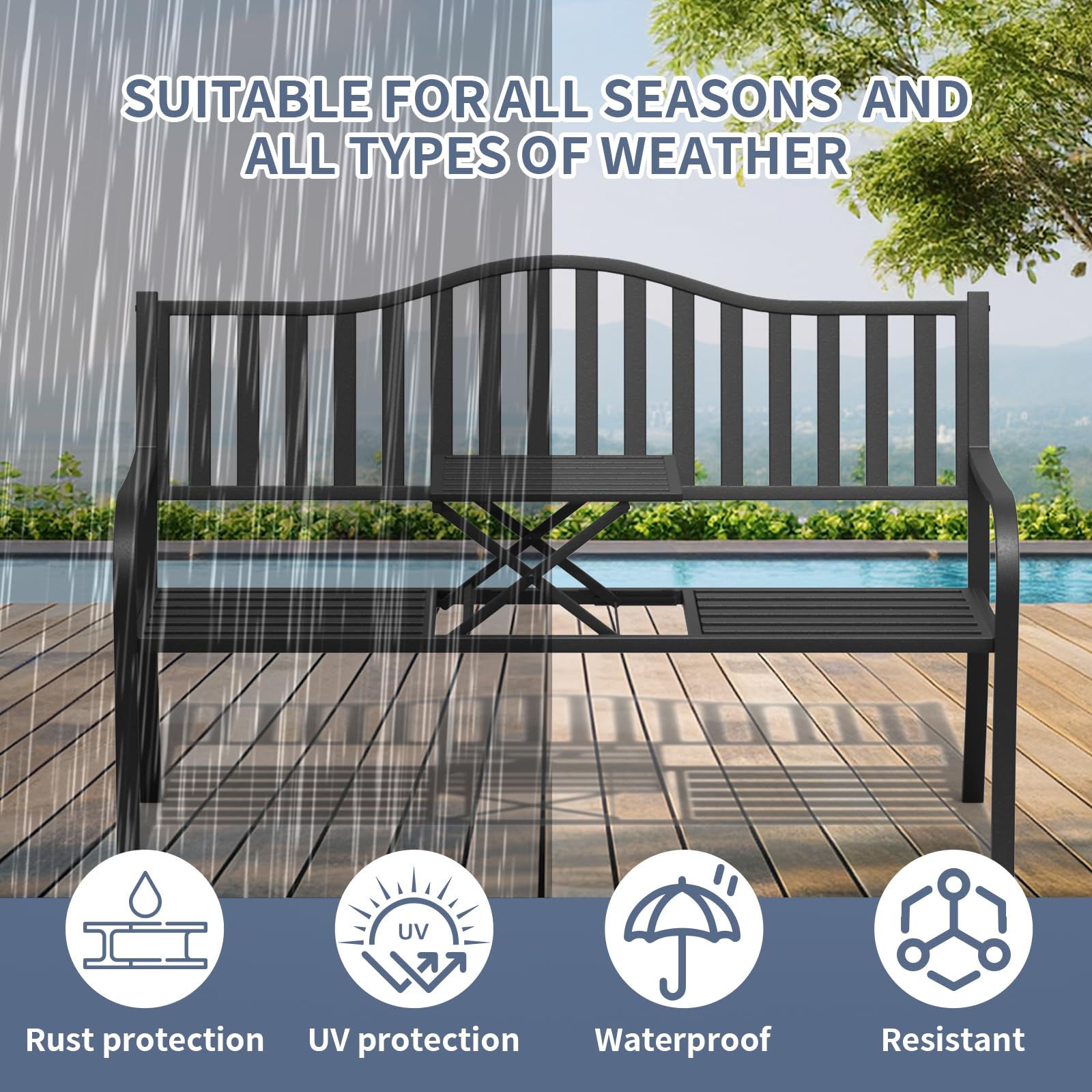 SHGJ&SOFT Outdoor Garden Bench with Small Table - Durable Cast Iron Metal Frame Patio Park Bench for Porch, Lawn, Yard & Backyard - Perfect for Relaxing, Entertaining & Outdoor Decor (D2644BK-1)