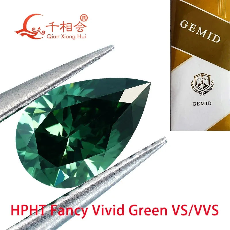 HPHT Lab Grown Diamond - Fancy Vivid Green 0.88ct to 1.5ct Pear Shape VS1 Clarity GEMID Certified Loose Stone for Engagement Rings & Fine Jewelry