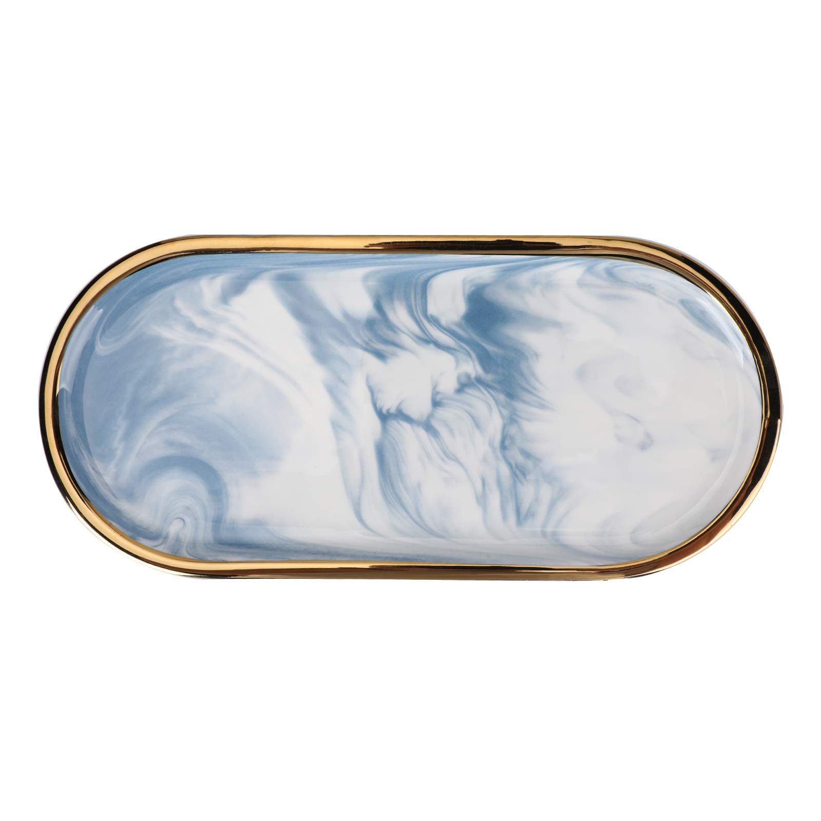 LYOOMALL Ceramic Jewelry Dish Organizer Tray - Marble Vanity Tray with Gold Trim for Bathroom Counter, Dresser & Home Decor - Elegant Oval Storage Plate for Rings, Earrings & Watches (Blue) - Perfect for Bedroom Vanity, Bathroom Organization & Gift Giving
