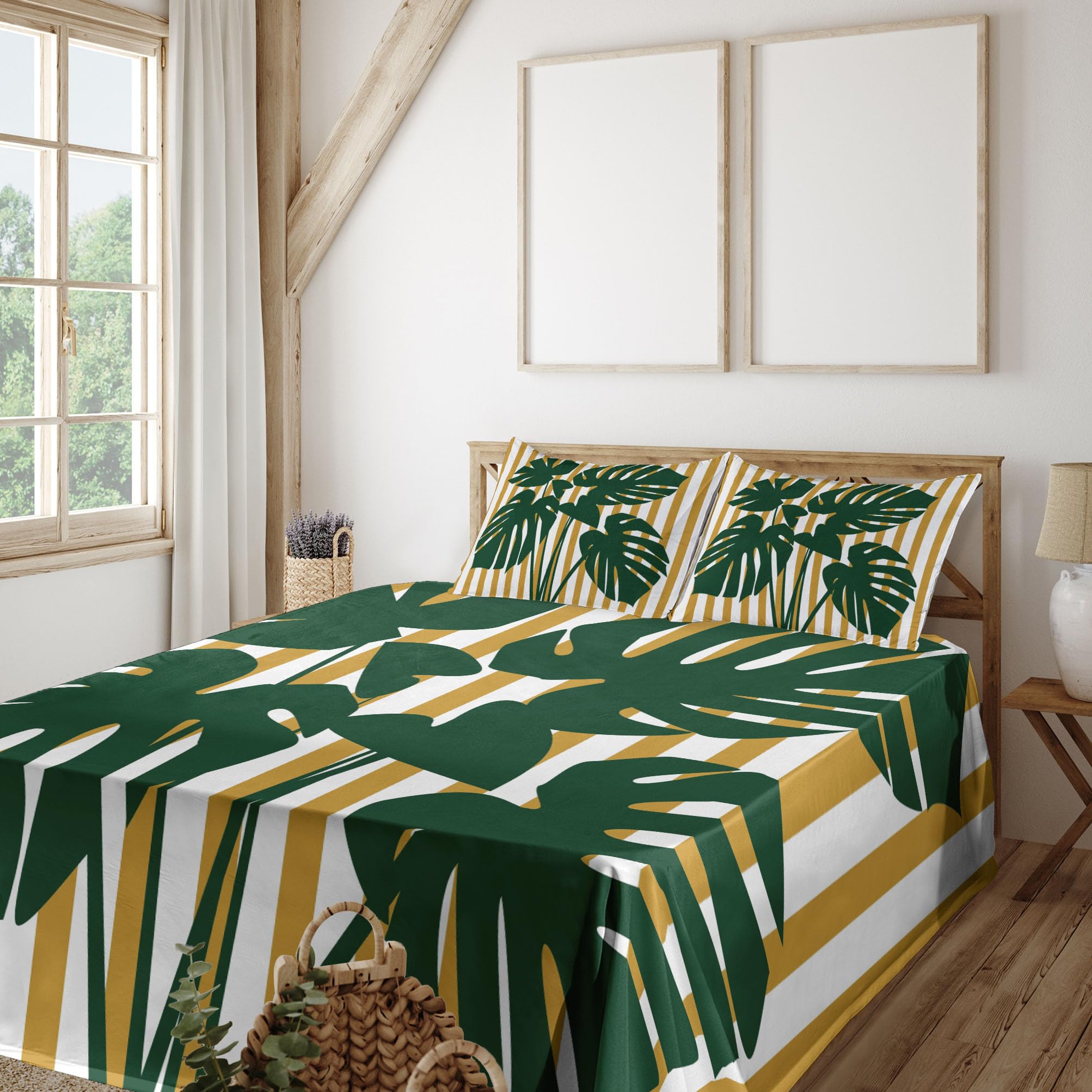 Ambesonne 4-Piece King Size Tropical Bedding Set - Hawaiian Monstera Leaves & Vertical Stripes Design, Fitted Sheet, Flat Sheet & 2 Pillowcases - Pale Coffee & Hunter Green - Perfect for Beach House, Tropical Themed Bedrooms & Vacation Home Decor