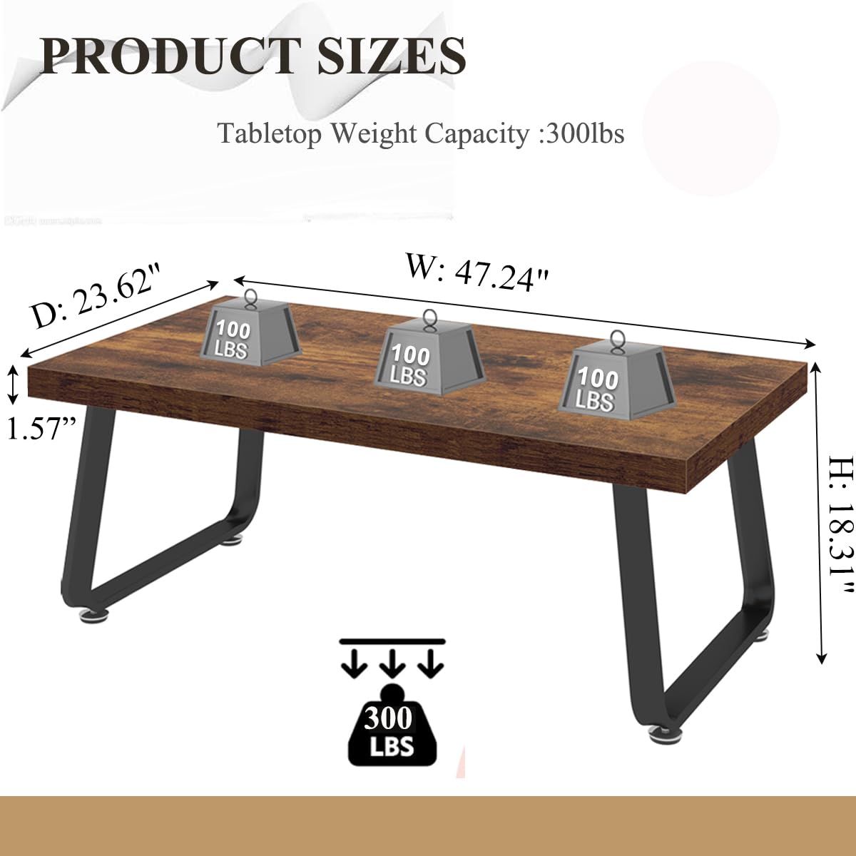 HSH Industrial Modern Wooden Coffee Table - 47 Inch Rectangle Rustic Brown Farmhouse Center Table for Living Room, Bedroom & Home Office - Minimalist Wood & Metal Cocktail Tea Table for Small Spaces & Apartment Decor