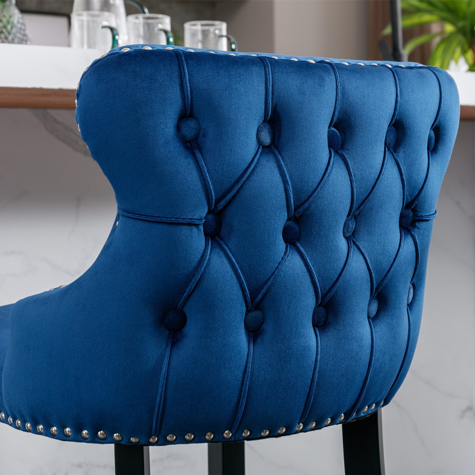 Contemporary Velvet Upholstered Wingback Bar Stools with Button Tufted Design, Wooden Legs & Chrome Nailhead Trim - Set of 4 Blue Bar Chairs (SW1824BL) for Kitchen Island, Breakfast Nook & Home Bar Decor