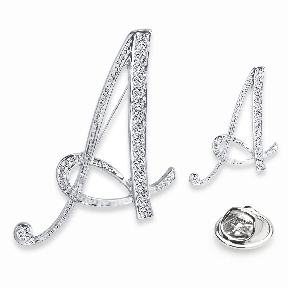 SINNKY A-Z Women's Letter Initial Brooch Pins - Silver Clear Crystal Rhinestone Breastpins for Gifts (2 Sizes/Package) - Perfect for Stockings, Jewelry, and Personalized Accessories