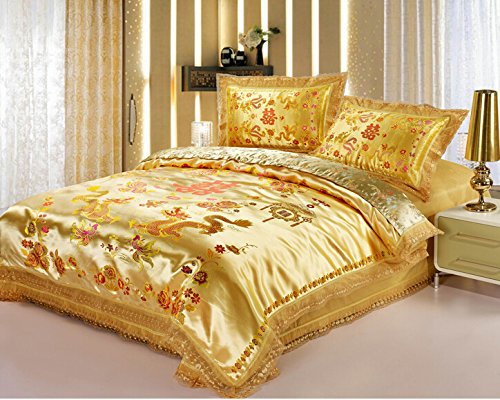 Premium Chinese Dragon Duvet Cover Set - Luxury 4pc Embroidered Bedding with Lace Trim - Queen/King Size Wedding Bedspread - Gold Elegant Home Decor for Master Bedroom & Guest Room