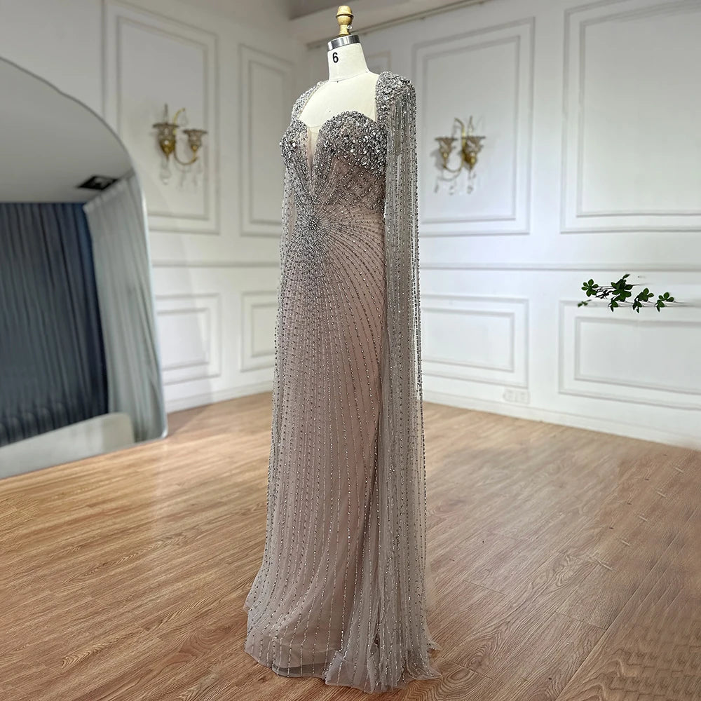 Luxury Dubai Arabic Silver Beaded Evening Gown for Women - Elegant Nude Cape Sleeves Wedding Party Dress LA72575 | Perfect for Bridal Showers, Red Carpet Events & Formal Occasions