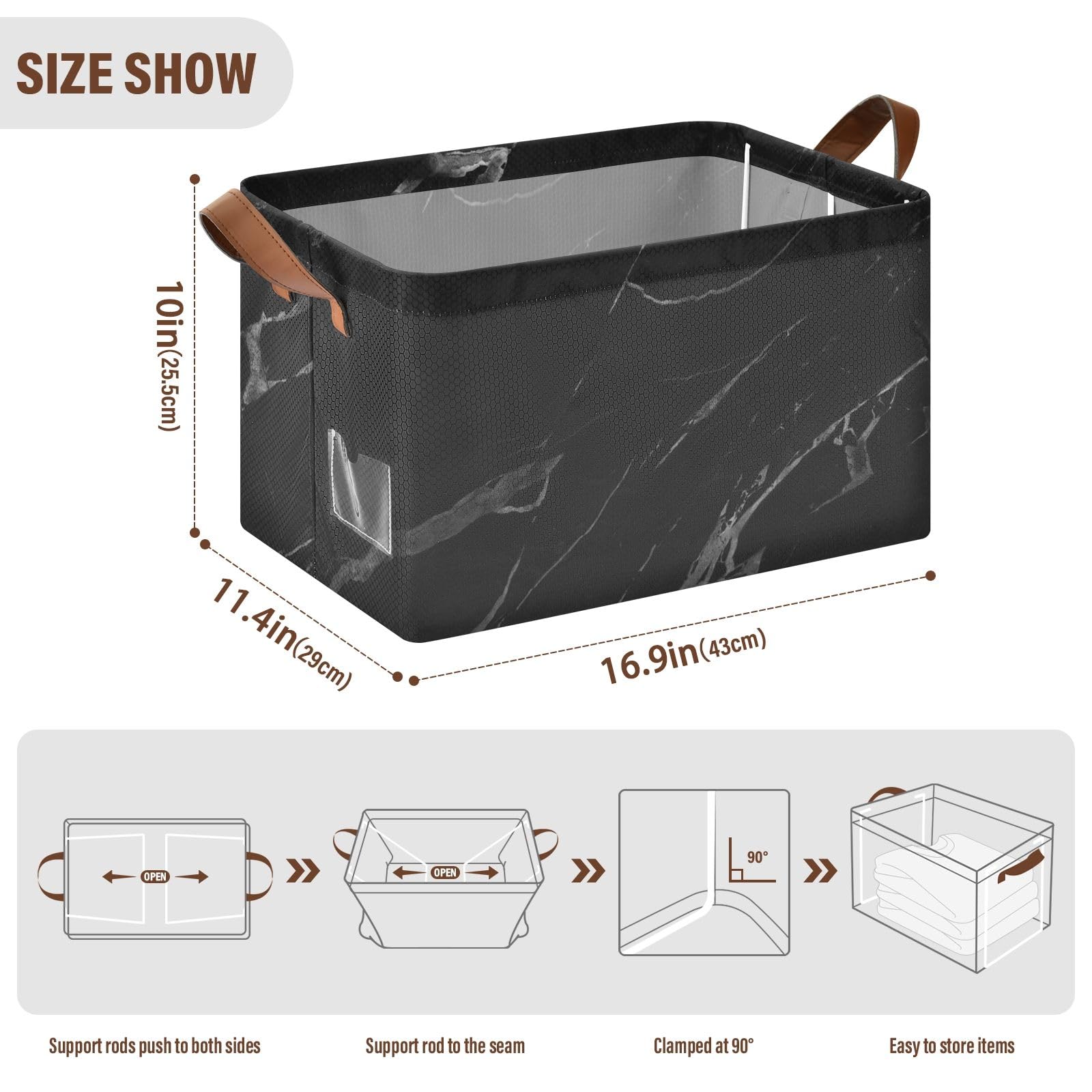 Black Marble Storage Bin with Convenient Decor Basket & Modern Laundry Basket - Perfect for Home Organization, Closet Storage & Laundry Room Decor
