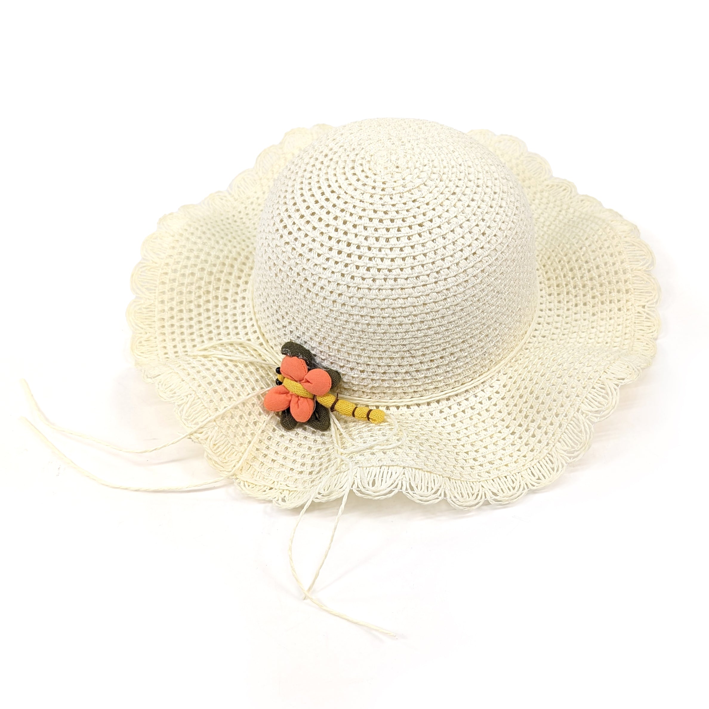 Kids' Crochet Style Foldable Sun Hat - Cream Dragonfly Design for Outdoor Play, Beach & Summer Activities
