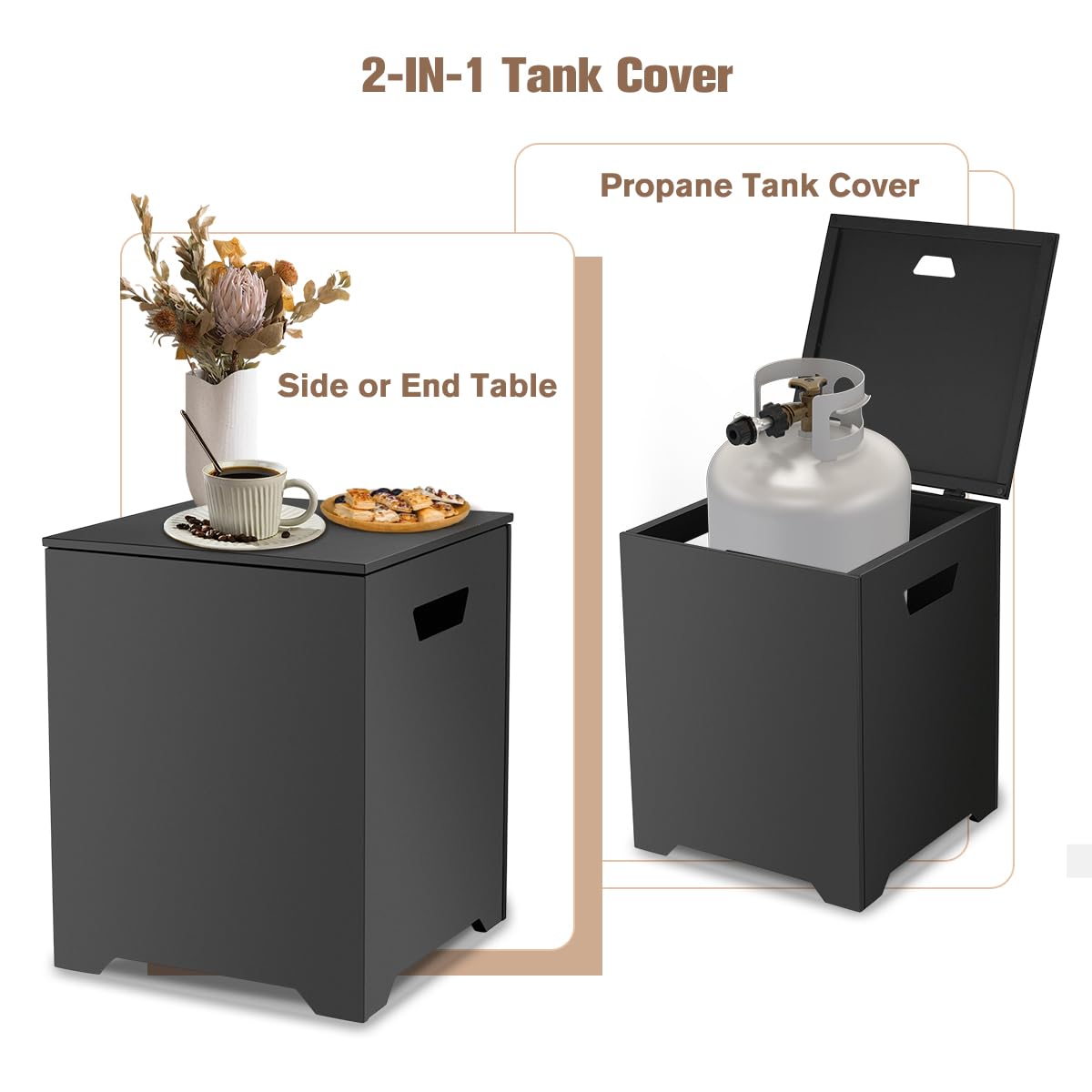 ThermoMate 20 LB Propane Tank Cover Table - Weatherproof Storage Box & Hideaway Side Table for Outdoor Fire Pit, Gas Griddle & BBQ - Durable Black Design for Patio, Deck & Backyard