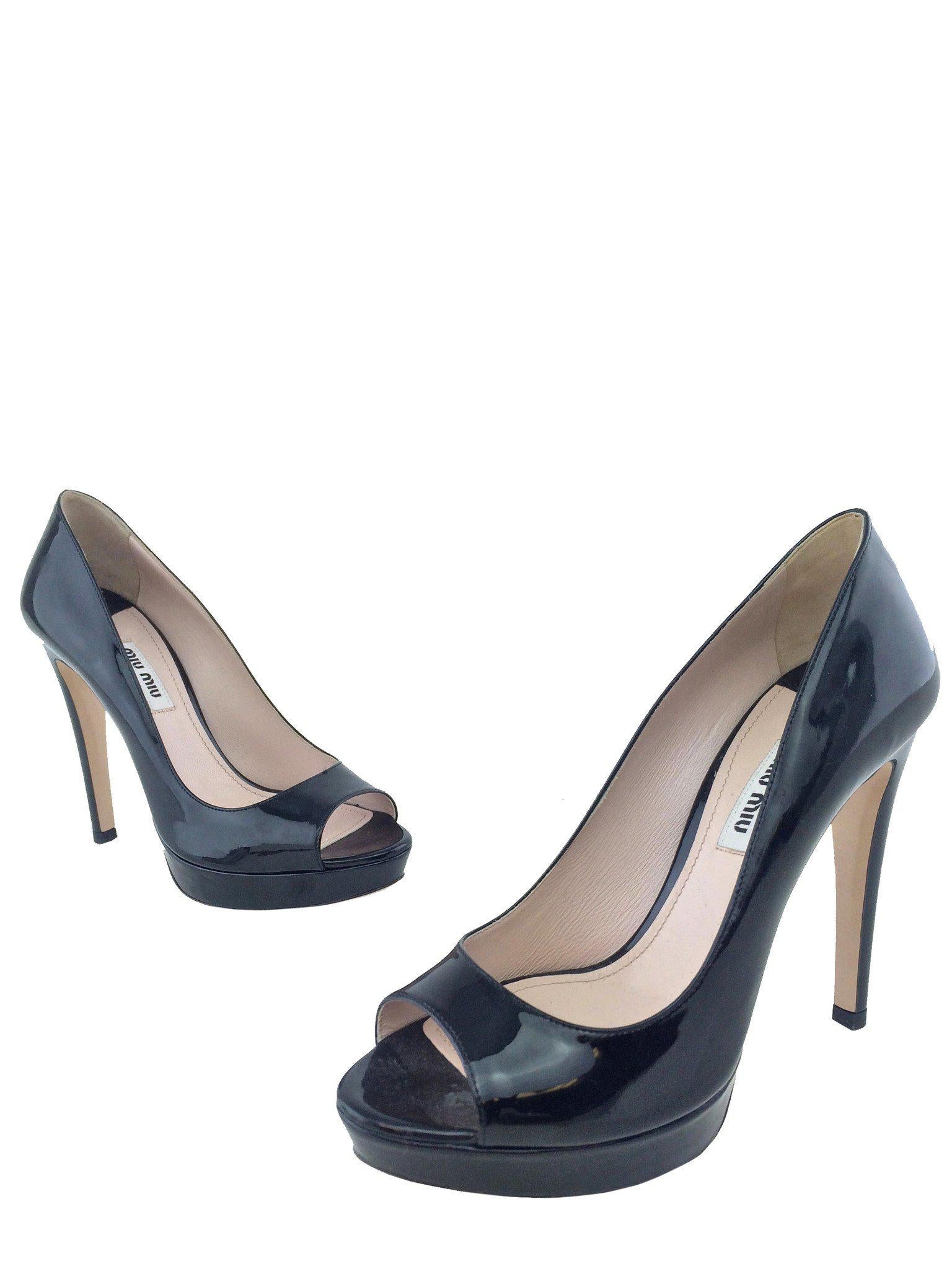Miu Miu Patent Leather Platform Peep Toe Pumps Women's Size 6 US | High Heel Dress Shoes for Party, Wedding & Evening Events