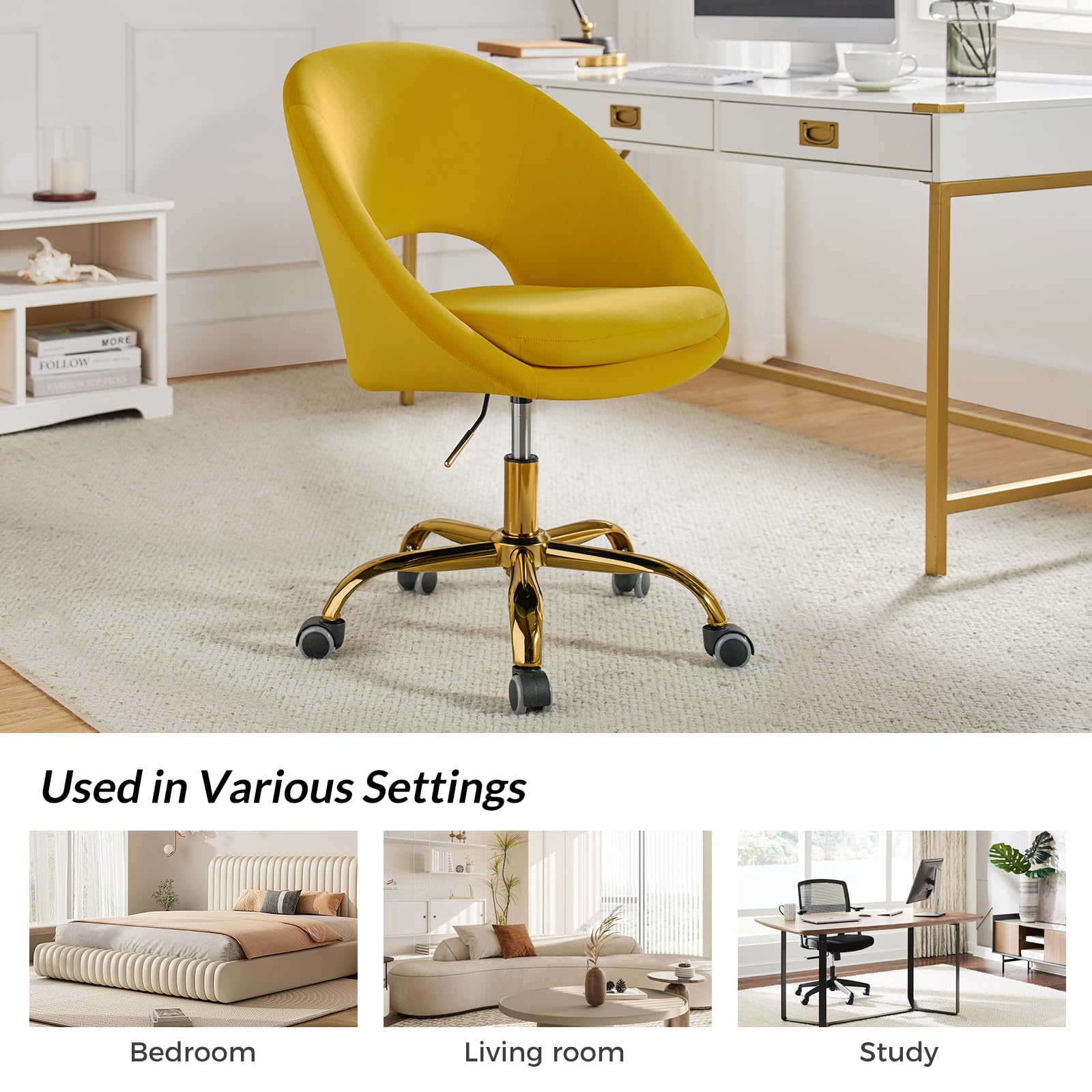 Modern Velvet Office Chair with Adjustable Swivel & Lumbar Support - Ergonomic Upholstered Desk Chair for Home Office, Study, Living Room - Small Cute Accent Chair in Yellow for Work, Gaming & Vanity