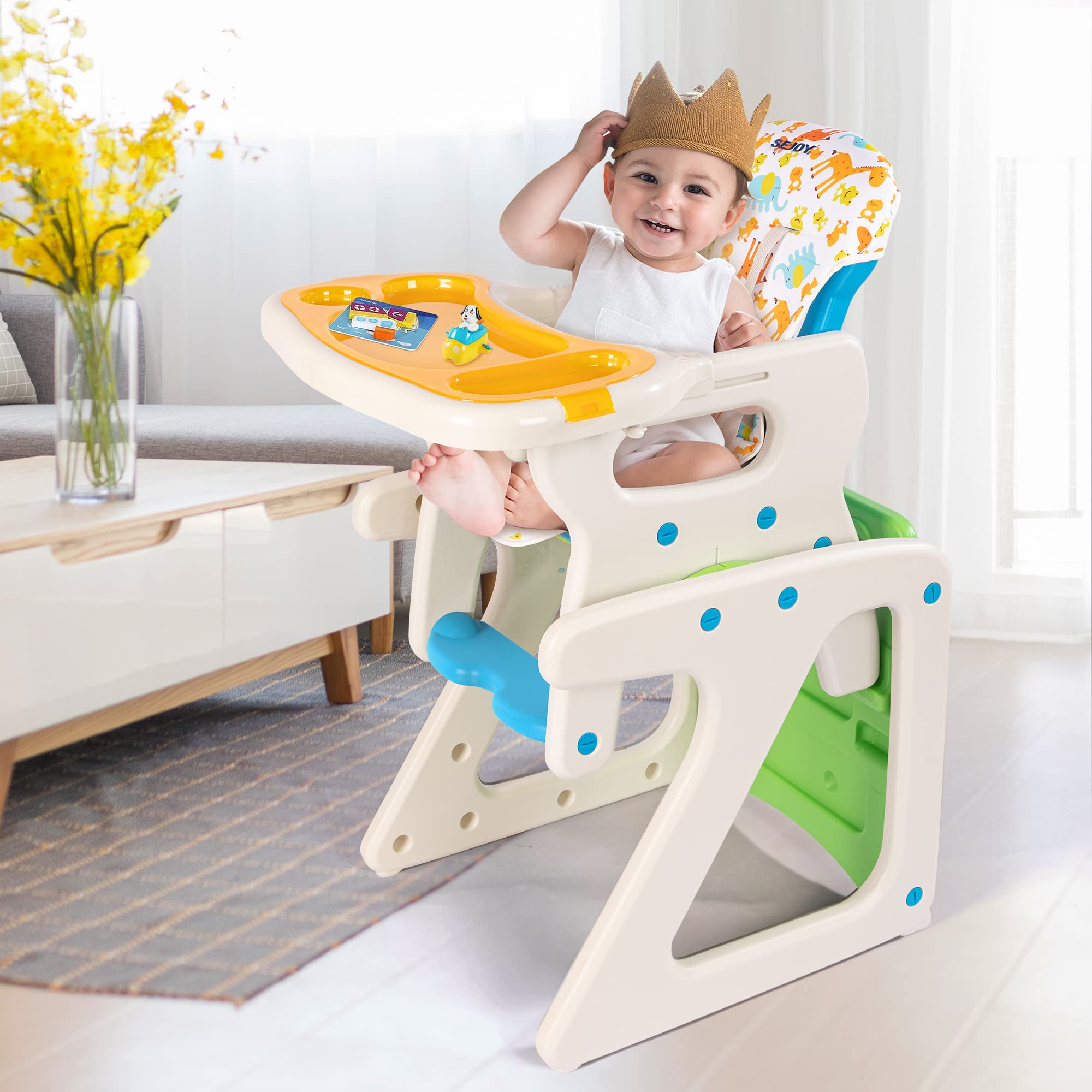 Adjustable Baby High Chair with Detachable Cushion & Double Removable Trays - Safe Toddler Feeding Seat for Infants 6-36 Months - Easy Clean Green Highchair for Home, Restaurant & Daycare Use