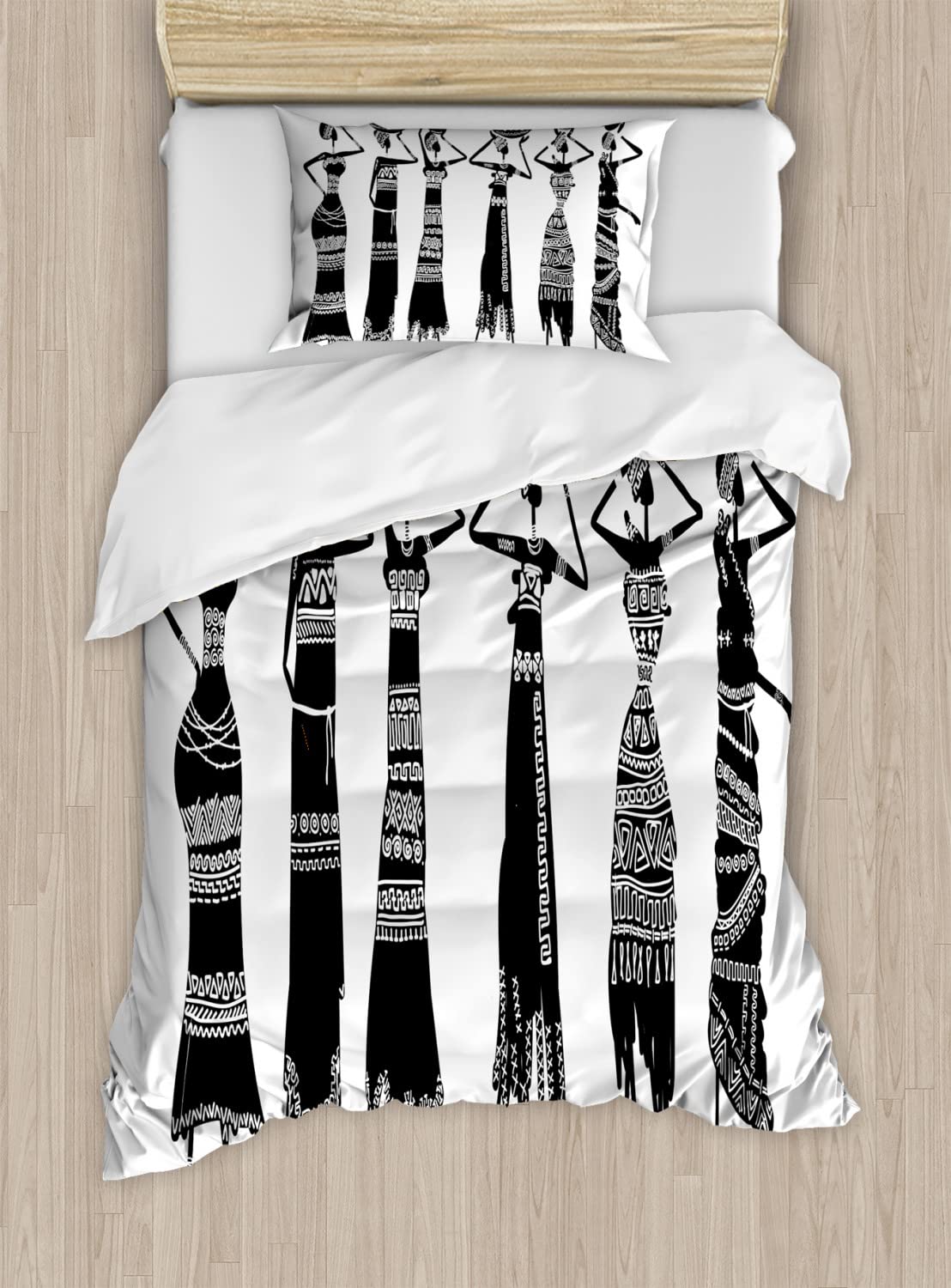 Ambesonne African Duvet Cover Set - Tribal Women Silhouette Design with Jugs & Patterned Dresses, 2-Piece Twin Size Bedding Set (Duvet Cover + Pillowcases) in Charcoal & White - Perfect for Boho Bedroom Decor & Cultural Theme Rooms