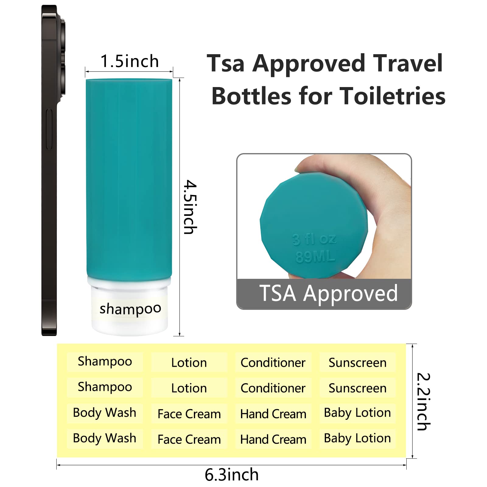 4 Pack TSA Approved Leakproof Silicone Travel Bottles (3oz/89ml) - Refillable Toiletry Containers for Shampoo, Conditioner & Body Lotion | Perfect for Airplane Carry-On & Vacation Essentials