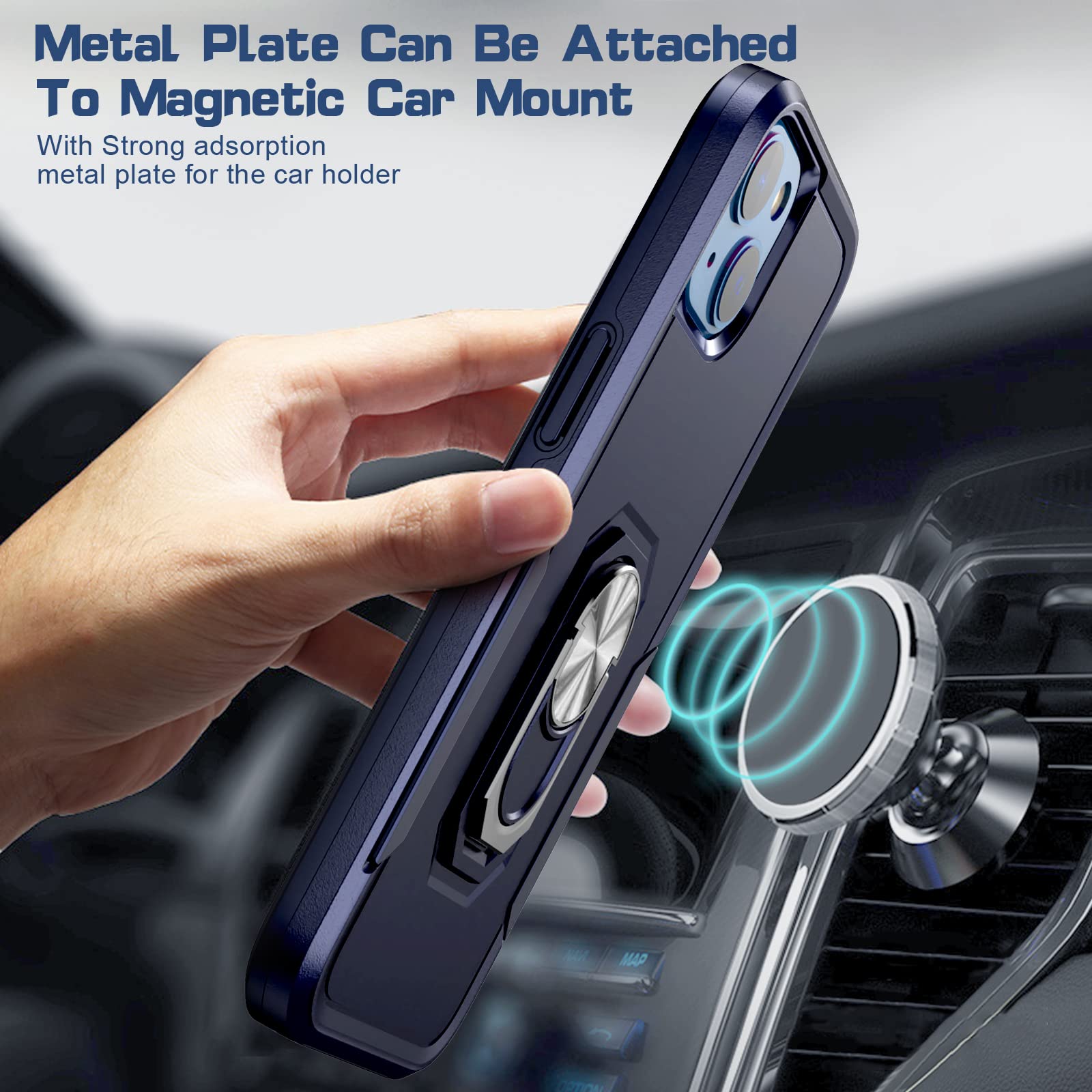 Premium Shockproof iPhone 13 Case with Tempered Glass Screen Protector & Magnetic Kickstand | Slim Hybrid Protective Cover with Car Mount Ring | Blue | Perfect for Daily Use, Travel & Hands-Free Viewing