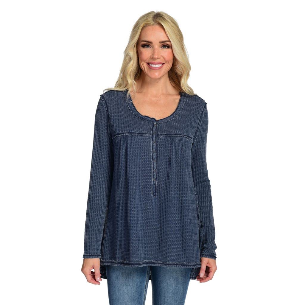 Indigo Thread Co. Waffle Knit Long Sleeve Snap Front Henley Top for Women - Soft Cotton Blend, Relaxed Fit, Indigo Color (Size XS) - Perfect for Casual Outings, Layering & Cozy Fall Fashion