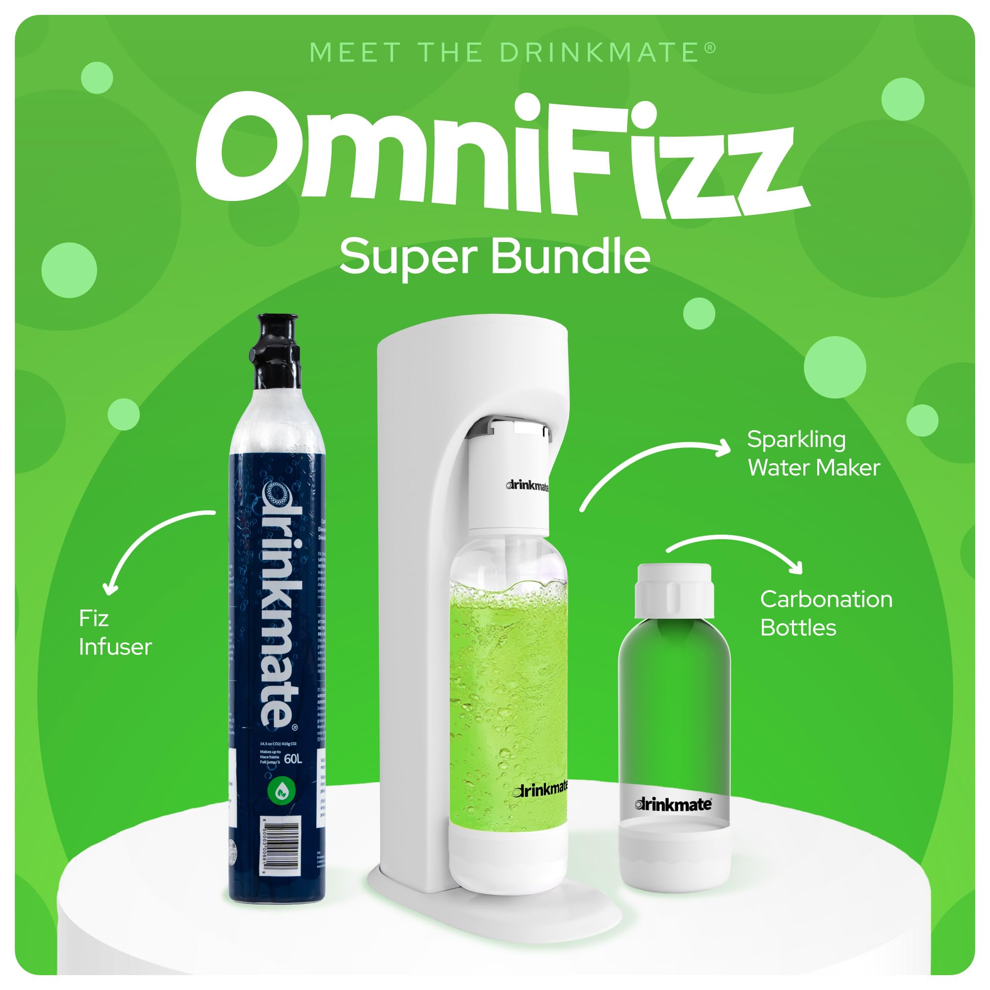 Drinkmate OmniFizz Sparkling Water & Soda Maker Machine - Carbonates Any Beverage with 60L CO2 Cylinder, 2 Carbonation Bottles & Fizz Infuser (Classic White) | Perfect for Home, Office & Parties | Make Healthy Sparkling Water, Soda, Cocktails & Flavored Drinks