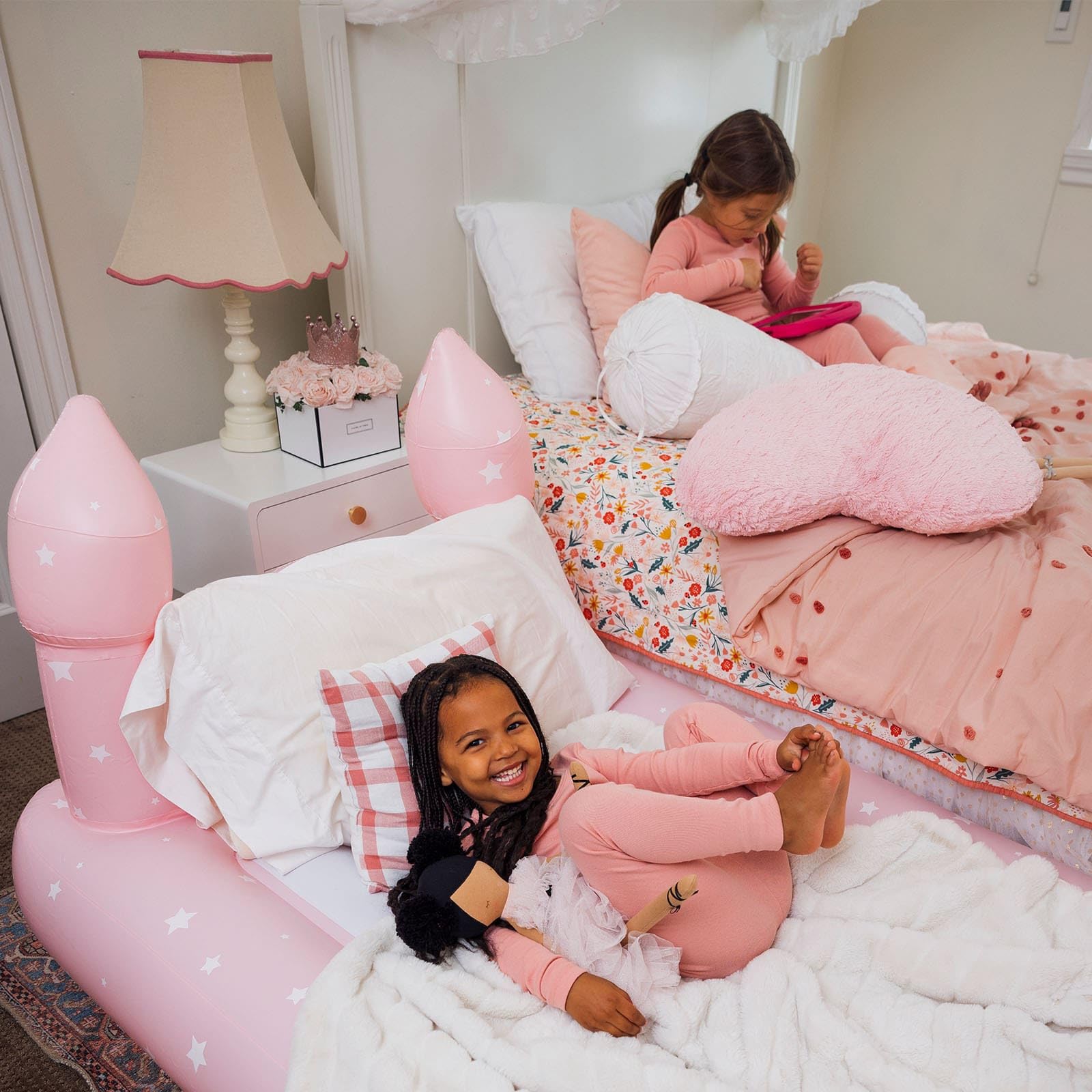 Funboy Kids Pink Castle Inflatable Travel Bed with Air Mattress - Portable Sleepover Bed for Girls, Includes Carry Bag - Perfect for Slumber Parties, Camping & Indoor Play (Twin Size)