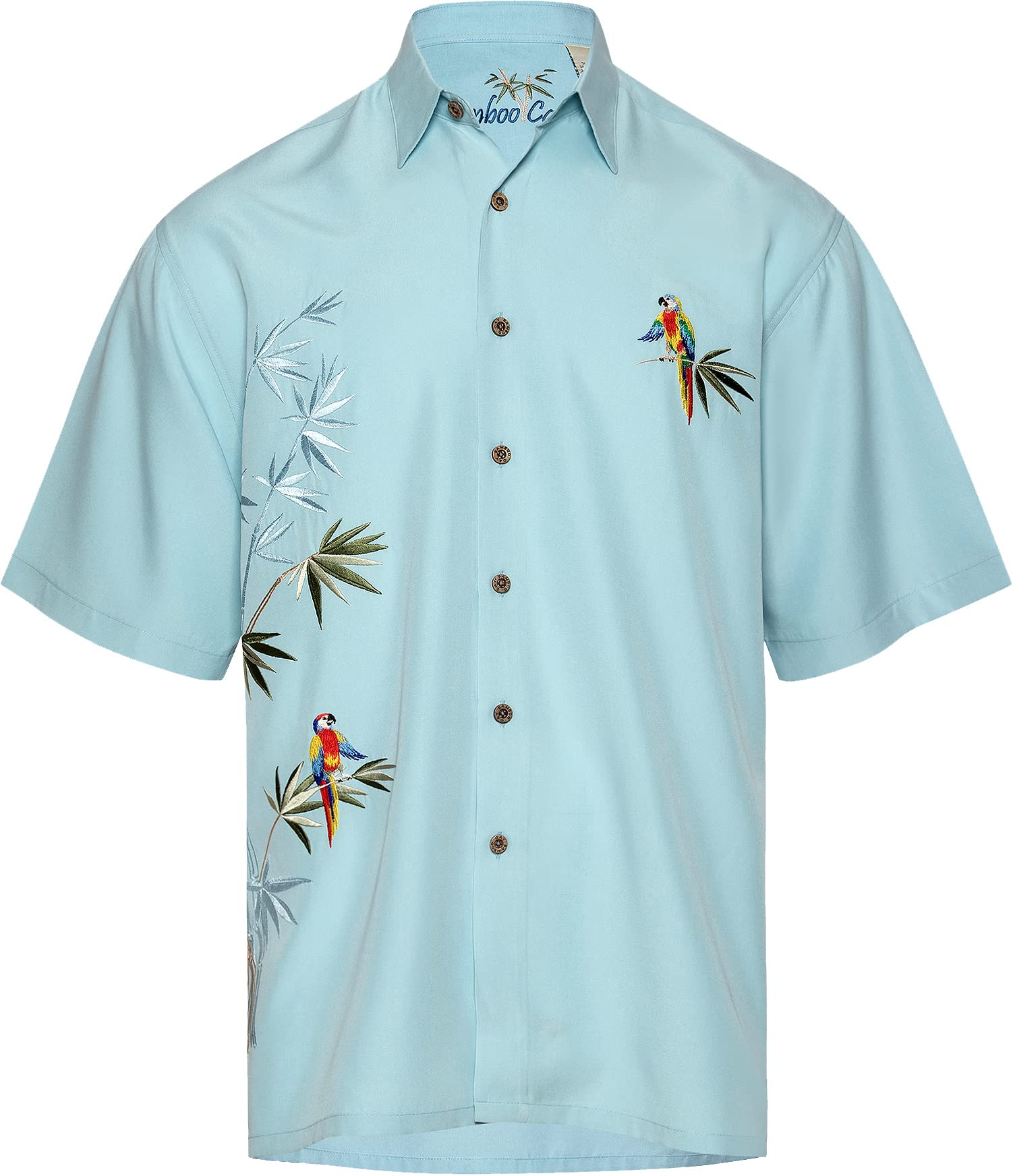 Men's Tropical Hawaiian Button Down Shirt - Short Sleeve Embroidered Flying Parrots Design | Breathable Bamboo Rayon for Beach Vacation & Summer Parties