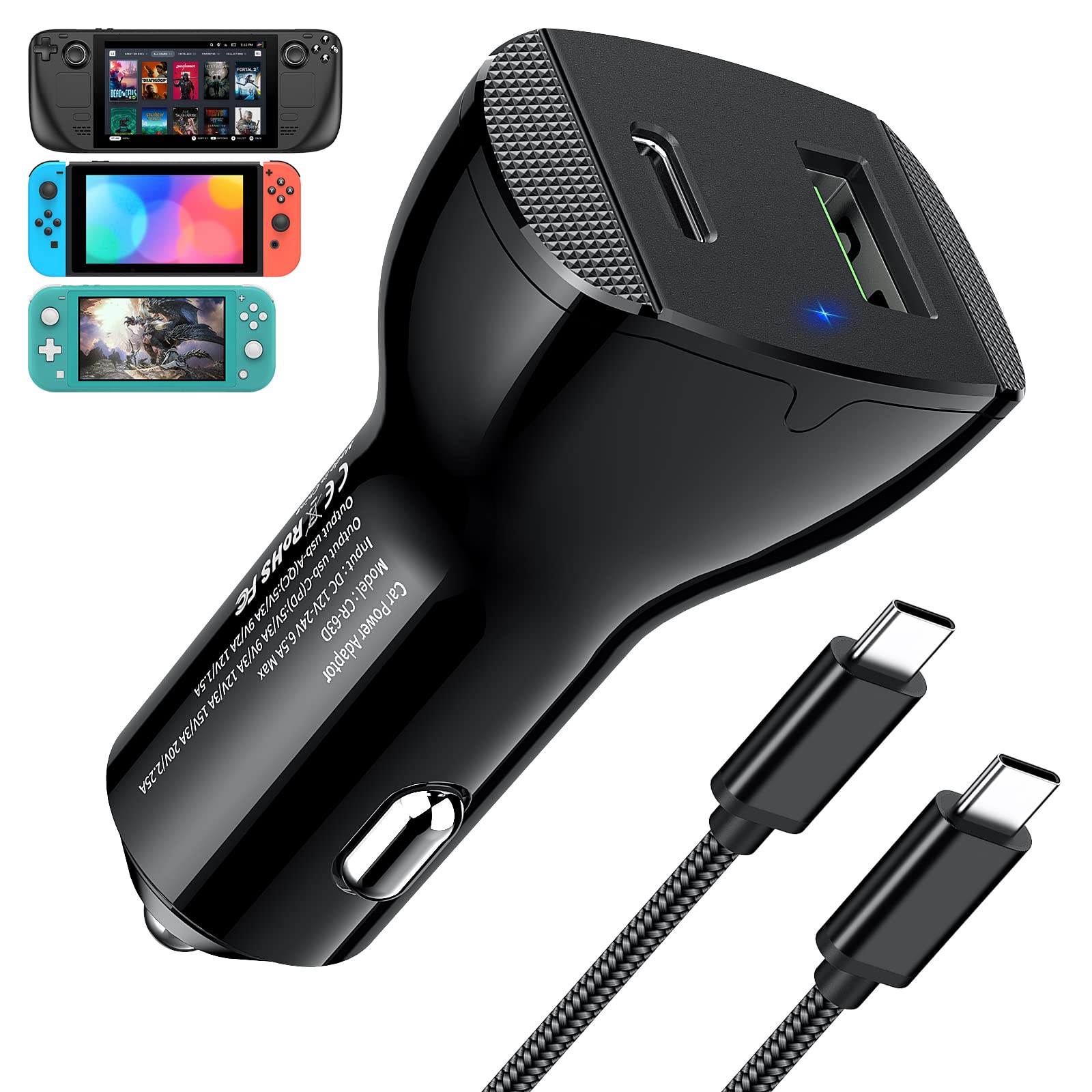 YUANHOT 45W USB C Car Charger with PD&QC 3.0 - Fast Charging Adapter for Steam Deck, Nintendo Switch/Switch OLED/Switch Lite - Includes 3.3ft USB C Cable - Perfect for Road Trips & Gaming on the Go