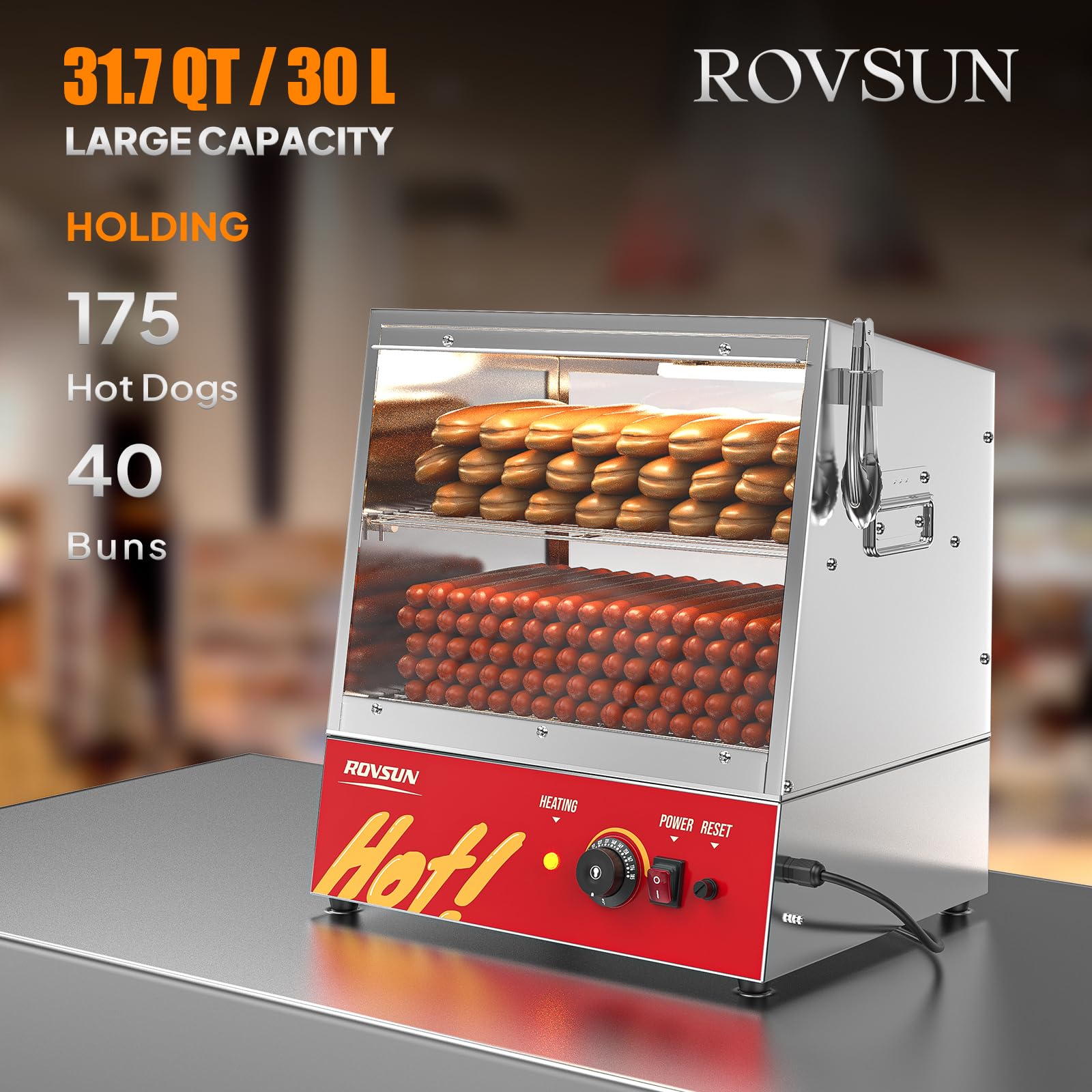 ROVSUN 32QT/30L Commercial Hot Dog Steamer with Bun Warmer – 2-Tier Stainless Steel Hot Dog Cooker for 175 Hot Dogs & 40 Buns – Perfect for Party Events, Concession Stands & Food Trucks – Removable Shelves & Food Clip Included
