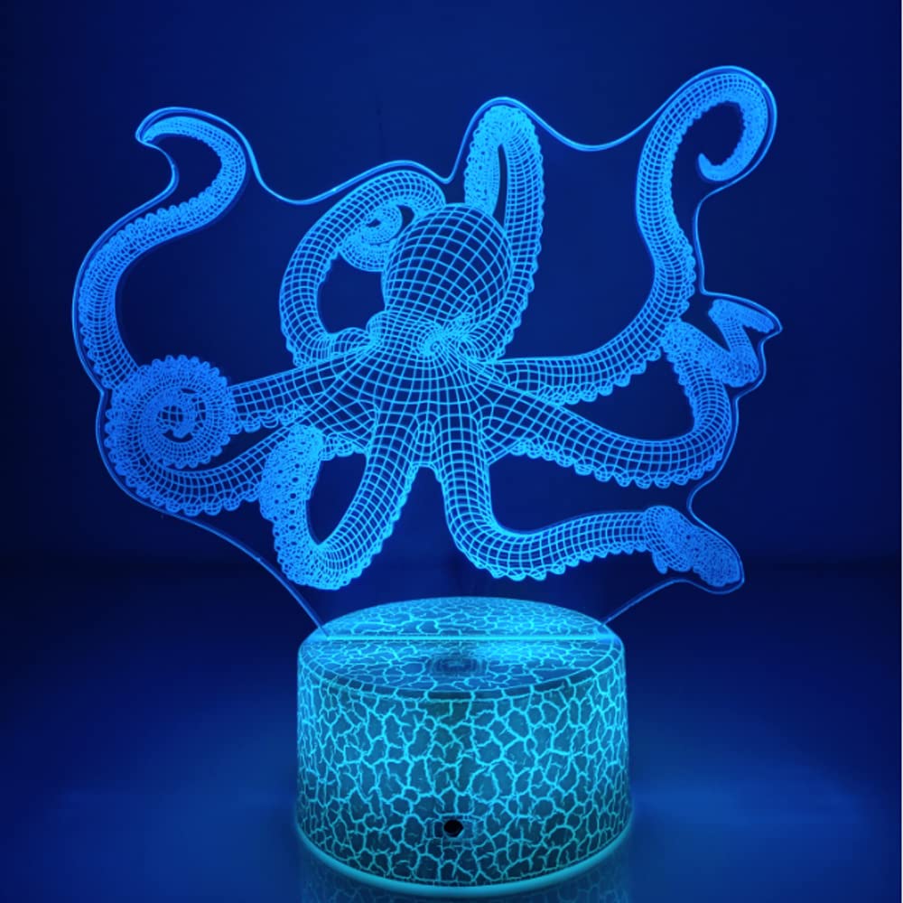 3D Octopus Night Light USB Powered - 7 Color Changing LED Desk Lamp with Touch Switch, Optical Illusion Decor for Kids Room, Birthday Gift & Home Decoration