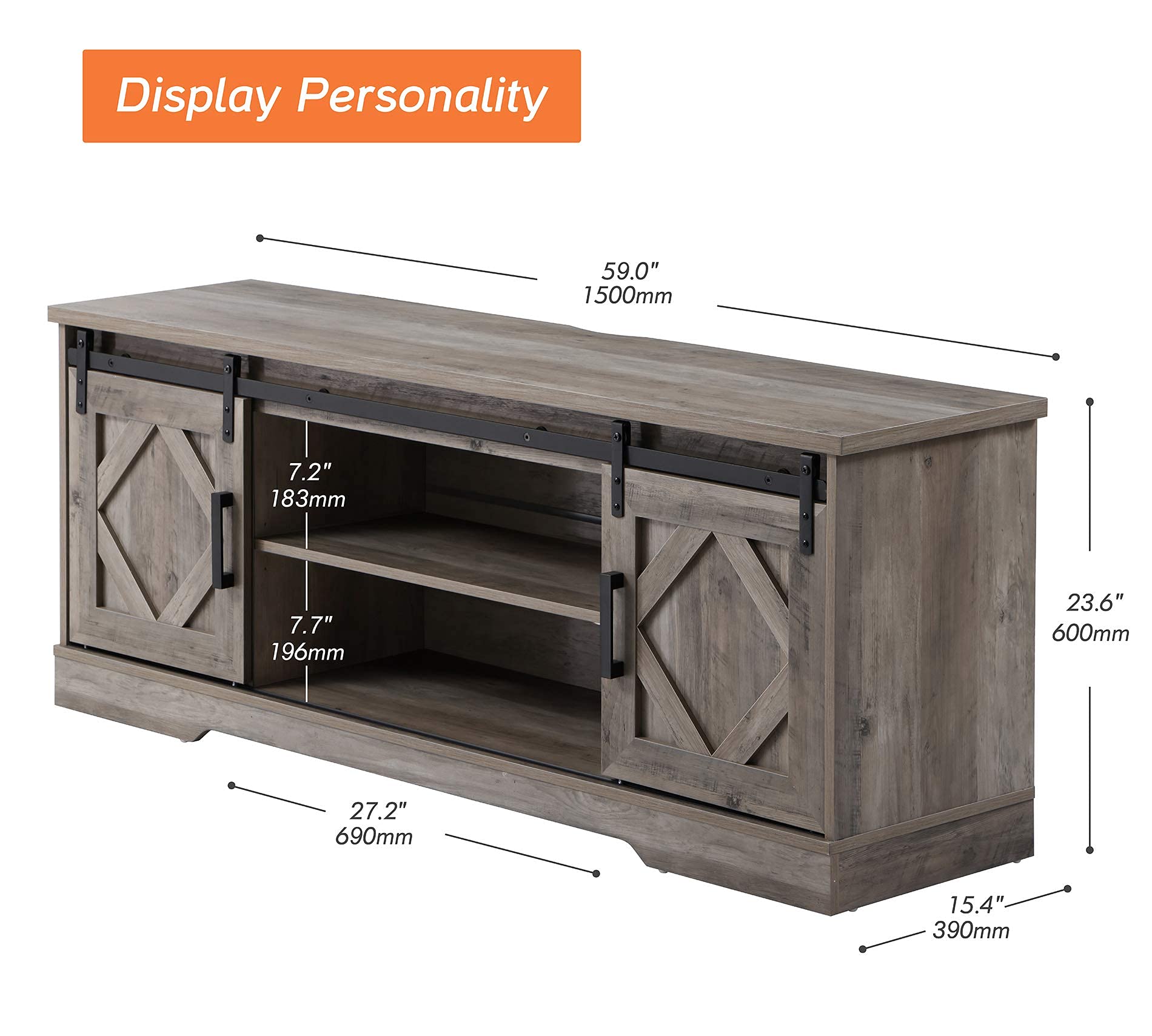 WAMPAT 65 Inch Farmhouse Sliding Barn Door TV Stand with Adjustable Shelves - Modern Wood Media Console Cabinet for Living Room, Bedroom - Wash Grey Finish - Perfect for Home Entertainment & Storage
