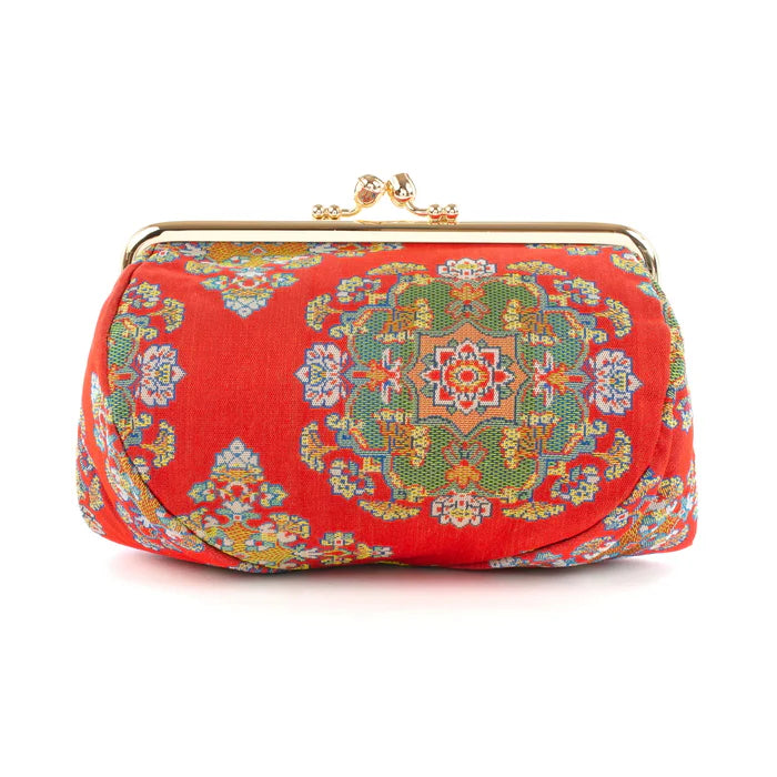 Japanese Nishijin Silk Small Pouch - Floral Red Kyoto Handmade Cosmetic & Makeup Bag | Traditional Gamaguchi Pouch for Travel Toiletry, Stationery & Bag Organizer | Perfect for Daily Use, Gift Giving & Japanese Culture Lovers