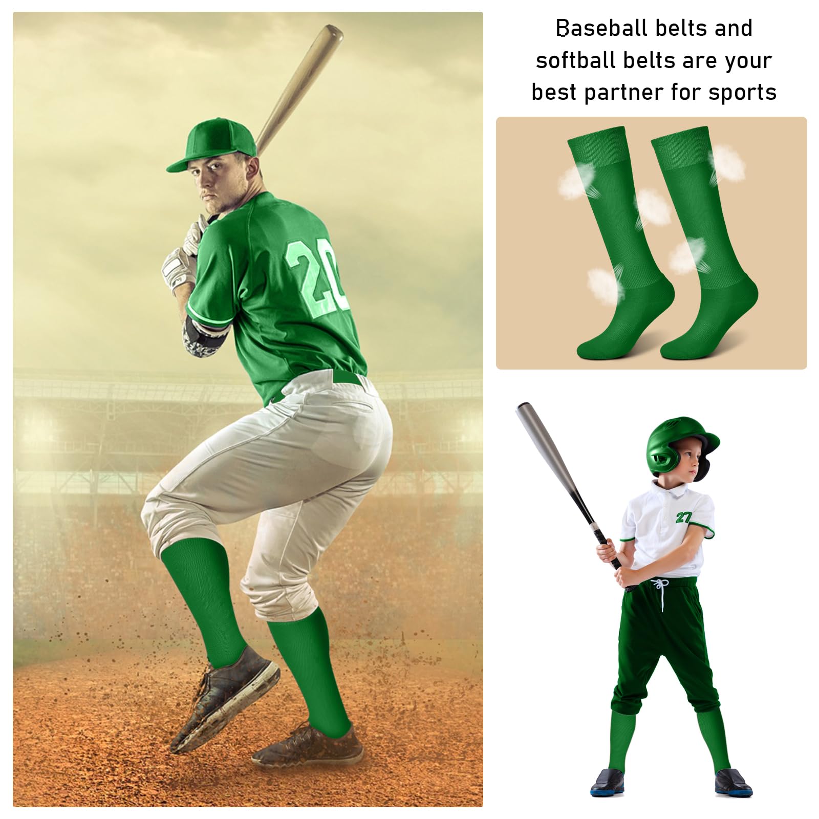 Zhanmai Adjustable Baseball Belt & Softball Socks Combo Set - Elastic Waistband for Youth Boys Girls & Adults - Perfect for Baseball Games, Practice & Team Uniforms