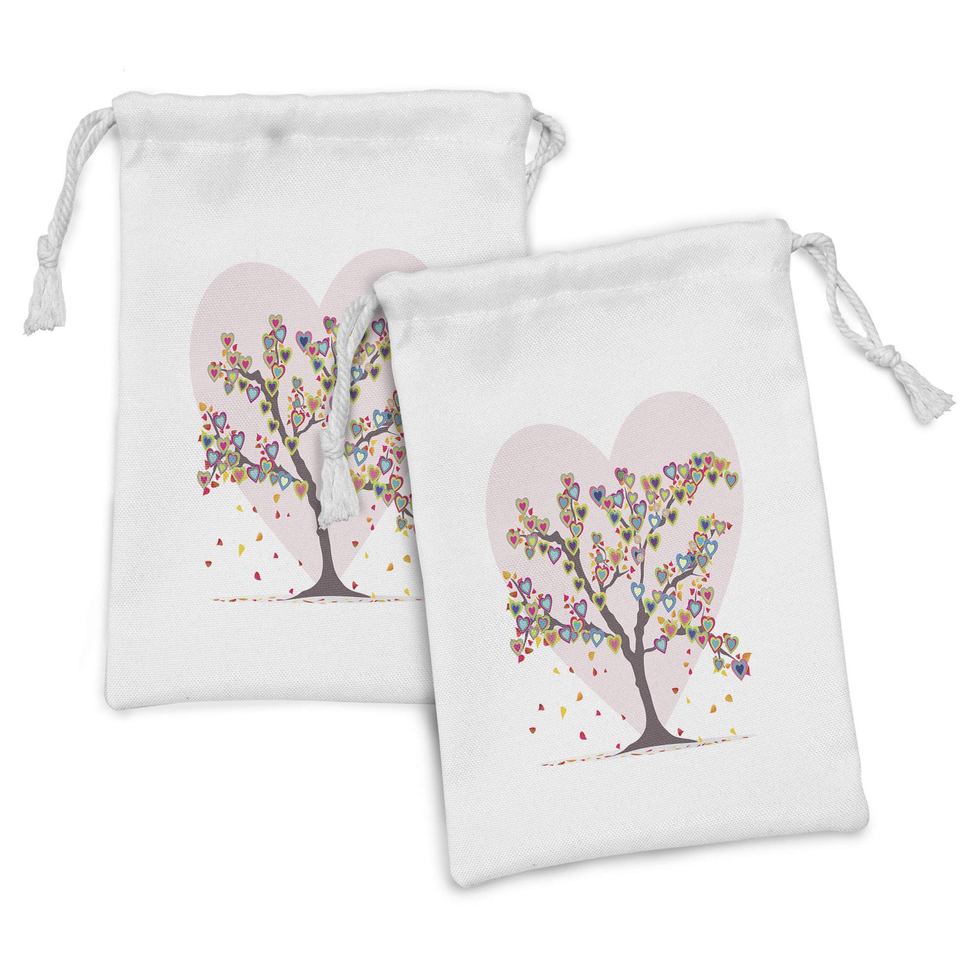 Ambesonne Love Fabric Pouch Set of 2 - Tree with Leaves and Hearts Print Drawstring Bags for Toiletries, Masks & Favors (9