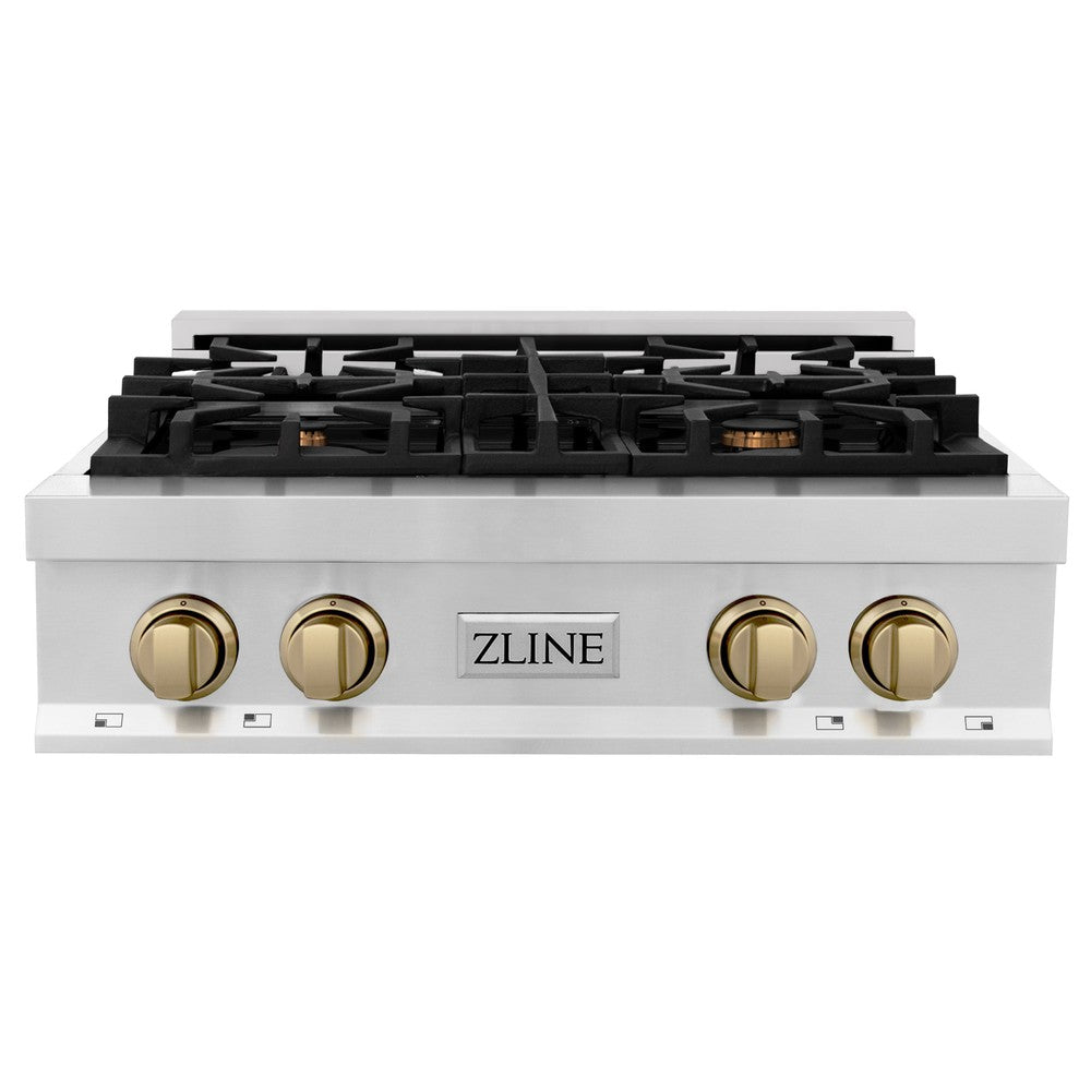 ZLINE Autograph Edition 30-Inch 4-Burner Gas Rangetop with Porcelain Cooktop - Stainless Steel with Champagne Bronze Accents (RTZ 30 CB) | Professional Kitchen Stove for Home Chefs & Cooking Enthusiasts