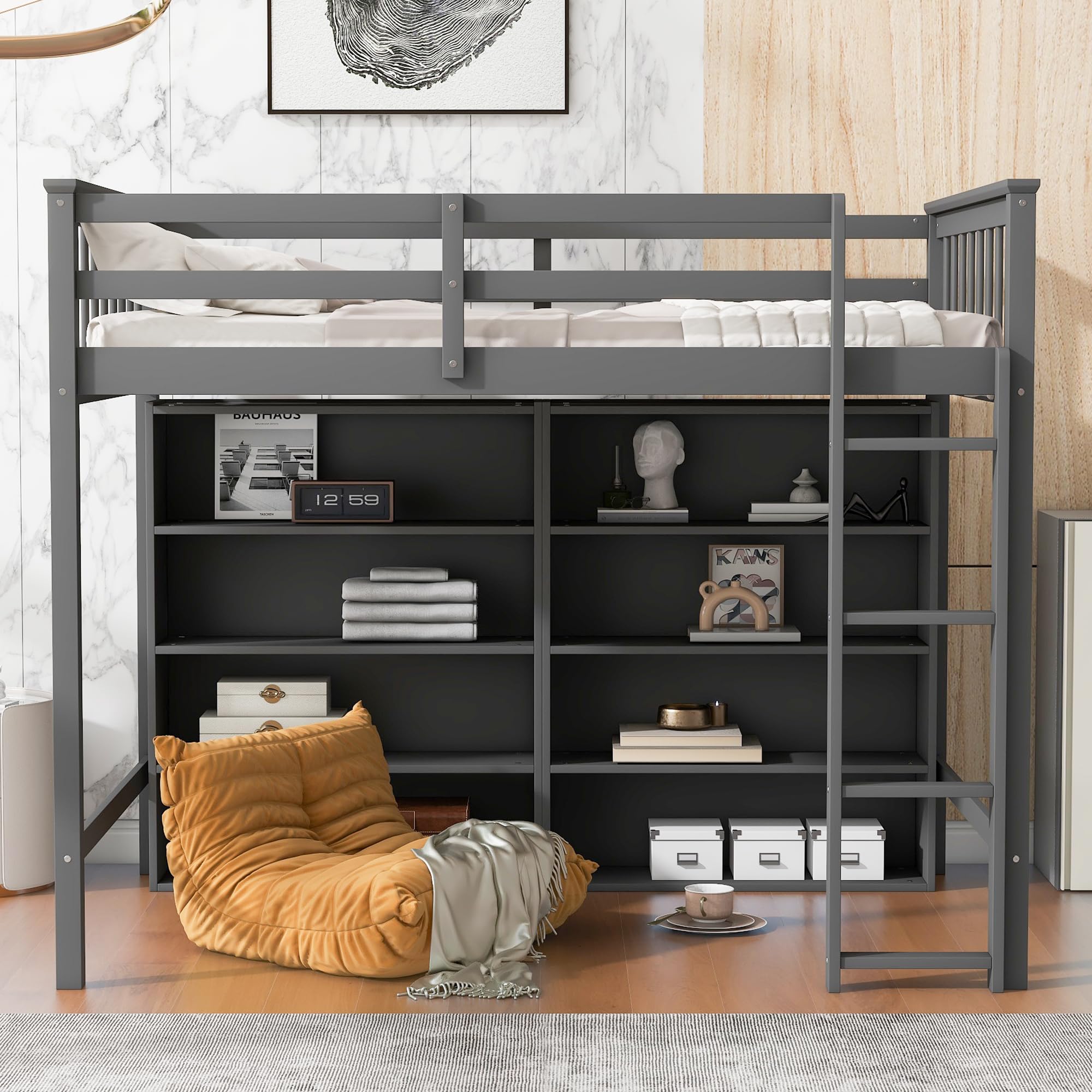 SOFTSEA Twin Size Loft Bed with Storage Shelves & Bookcase - Solid Wood High Loft Bed Frame with Underbed Space & Ladder - Perfect for Kids, Boys, Girls & Teens Bedroom - Space-Saving Grey Loft Bed for Small Rooms, Dorms & Apartments