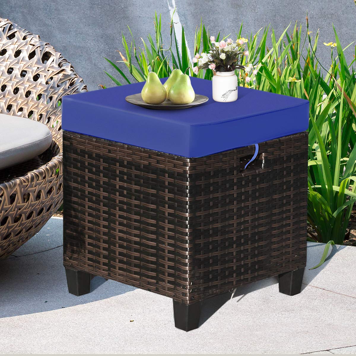 2PCS Rattan Wicker Ottoman Set with Removable Cushions - Patio Footstool Footrest Seat for Outdoor Living, Garden, Backyard & Home Decor (Navy) - Perfect for Relaxing, Entertaining & Adding Boho Style to Your Space