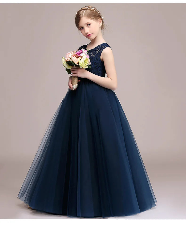 Navy Blue Lace Tulle Flower Girl Dress - Sleeveless Princess Gown for Kids | Perfect for Weddings, Baptisms & Special Occasions